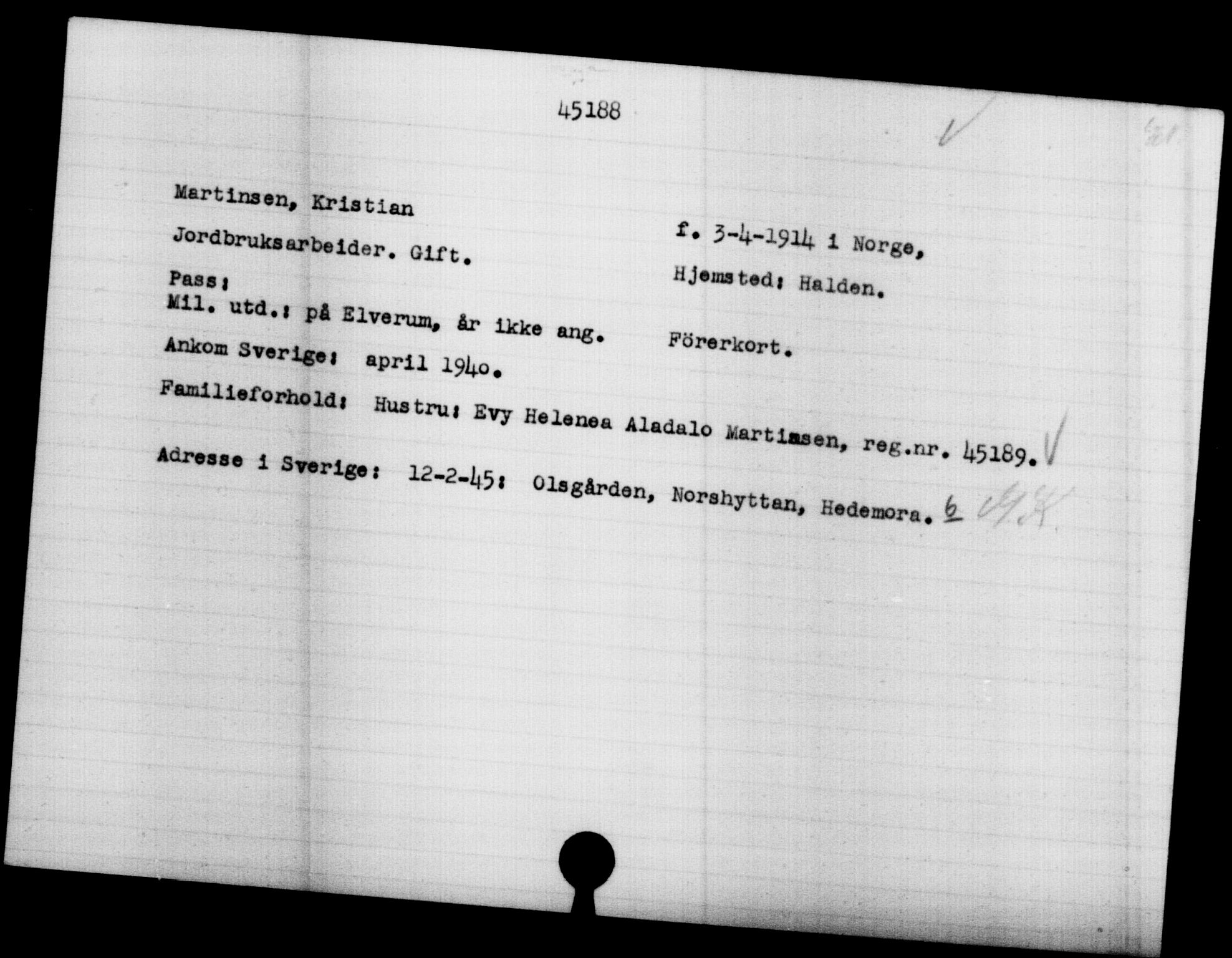 Utenriksstasjonene, Legasjonen i Stockholm, Flyktningkontoret, AV/RA-S-6753/V/Va/L0017: Kjesäterkartoteket, flyktninger med registreringsnr. 43400-46318, 1940-1945, p. 1865