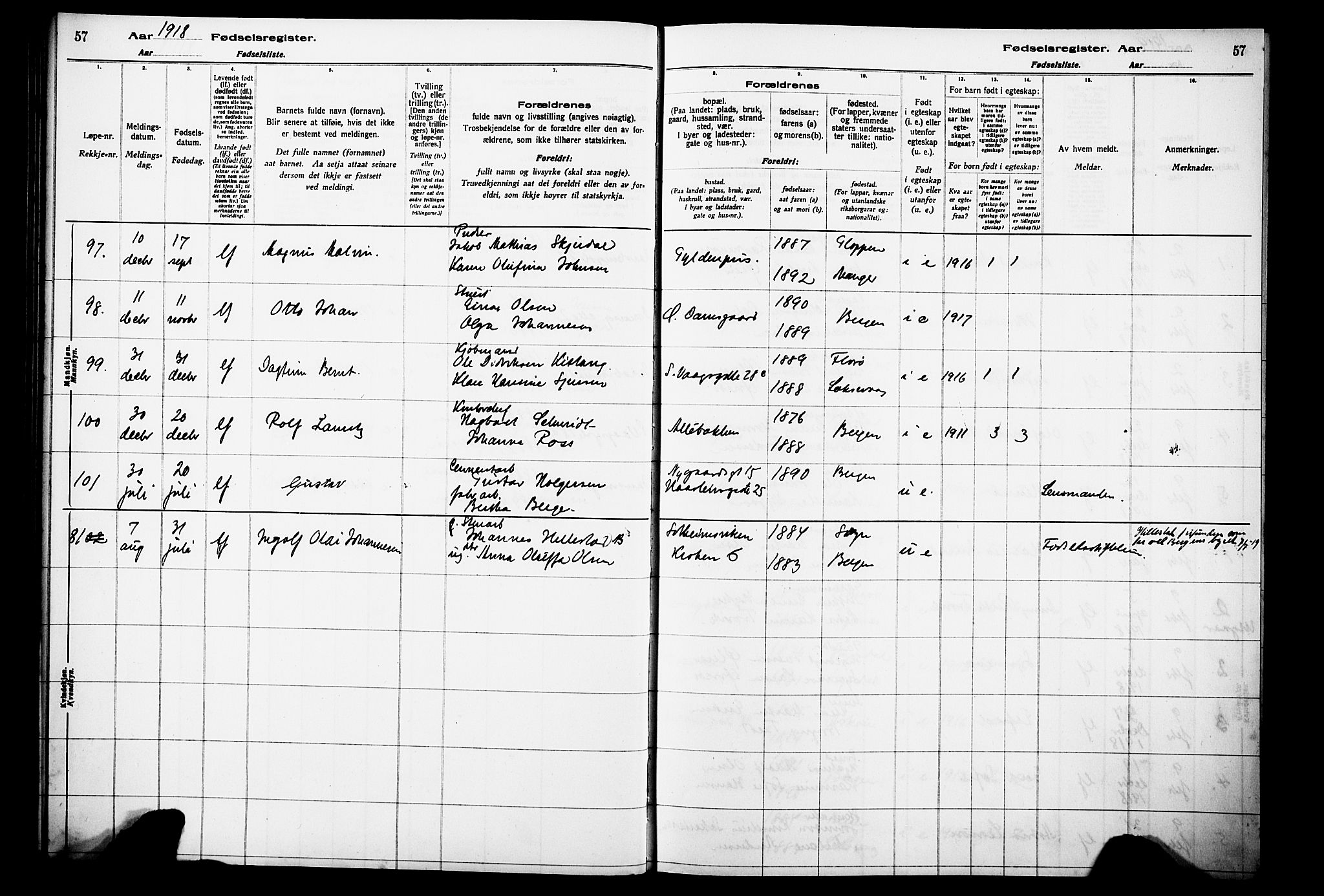 Laksevåg Sokneprestembete, AV/SAB-A-76501/I/Id/L00A1: Birth register no. A 1, 1916-1926, p. 57