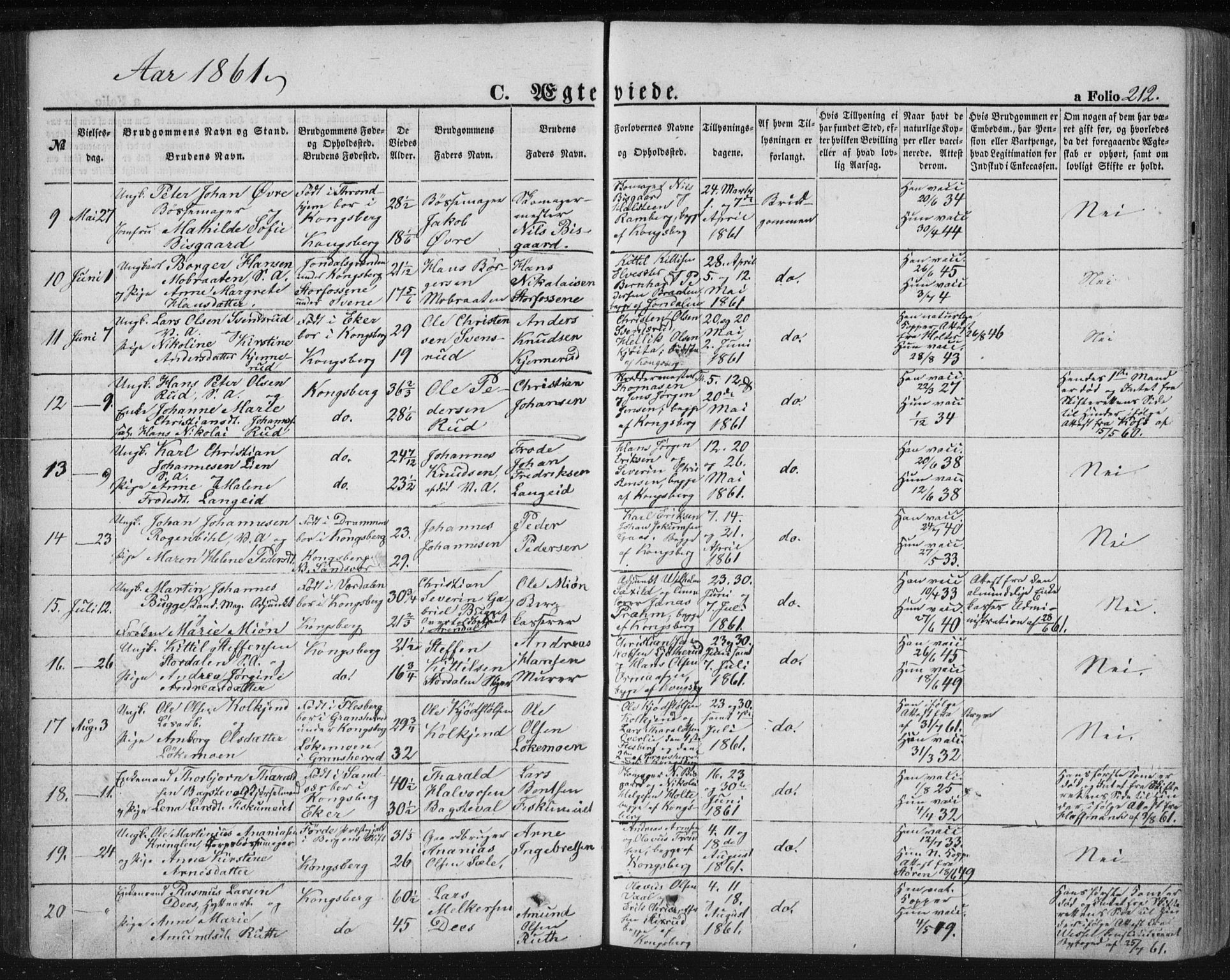 Kongsberg kirkebøker, SAKO/A-22/F/Fa/L0010: Parish register (official) no. I 10, 1859-1875, p. 212
