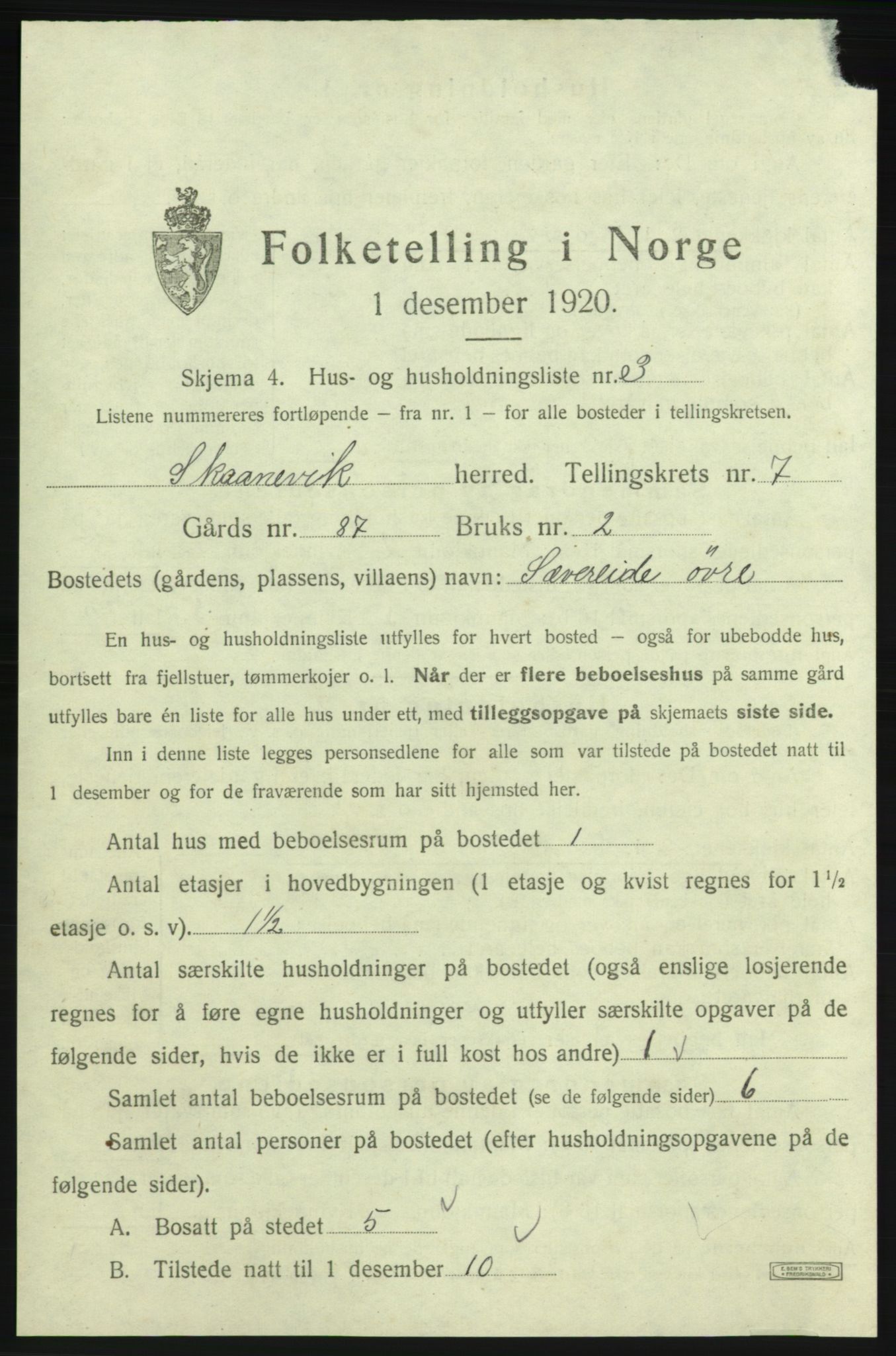 SAB, 1920 census for Skånevik, 1920, p. 915