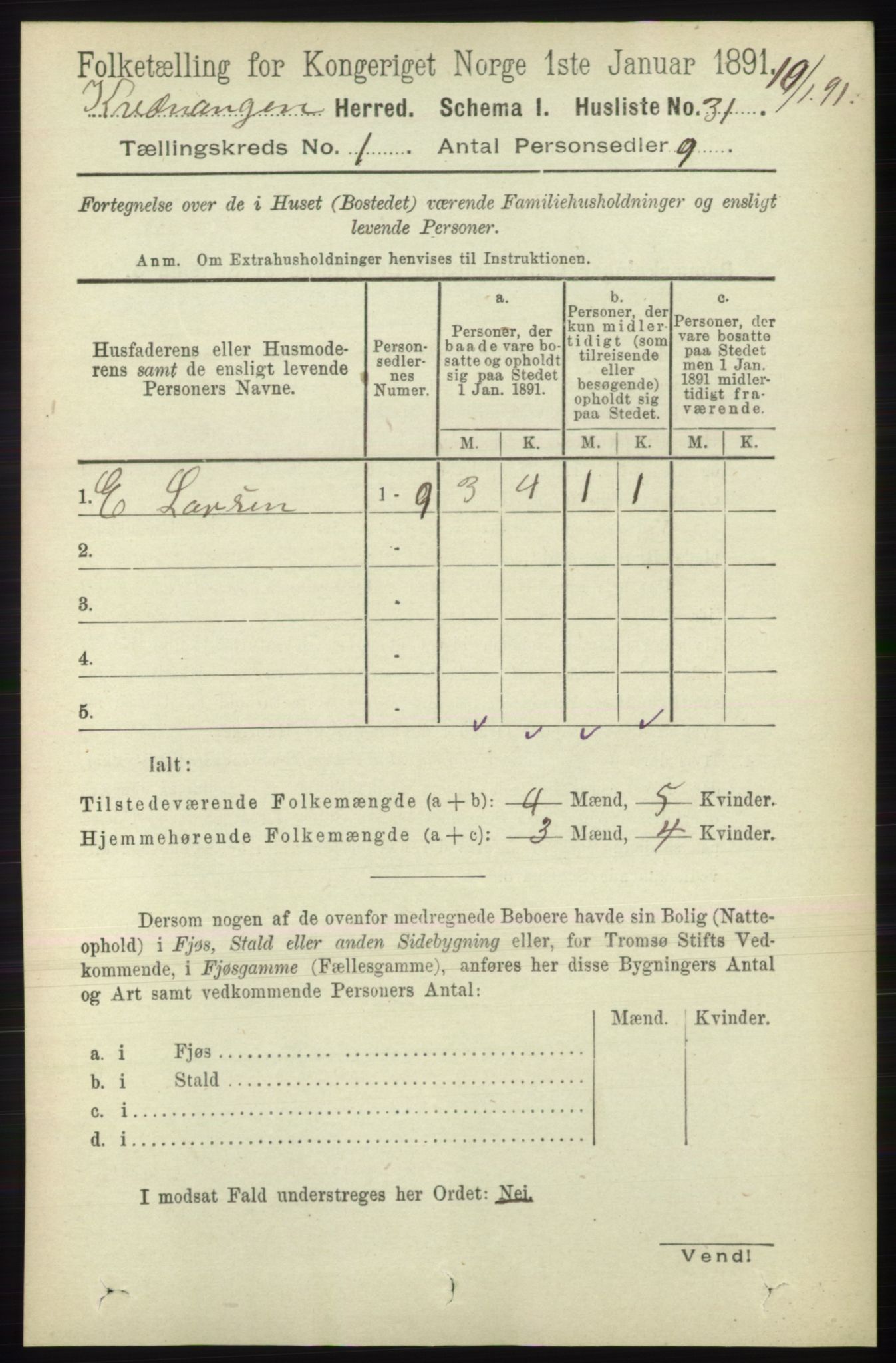 RA, 1891 census for 1943 Kvænangen, 1891, p. 45