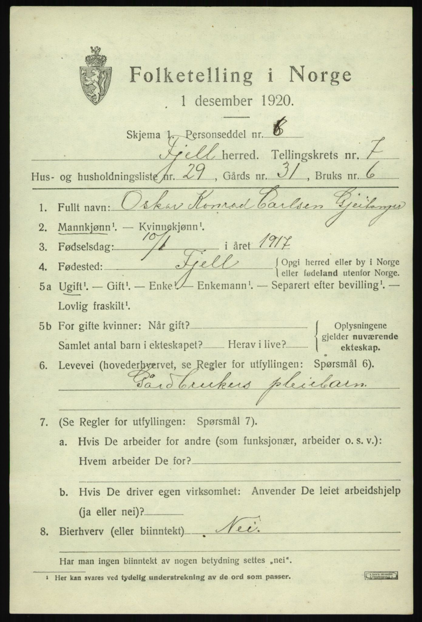 SAB, 1920 census for Fjell, 1920, p. 6784