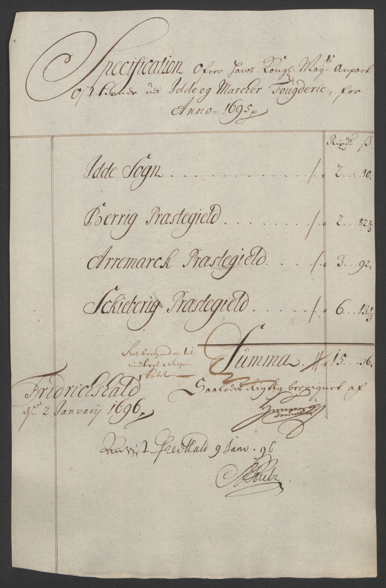 Rentekammeret inntil 1814, Reviderte regnskaper, Fogderegnskap, AV/RA-EA-4092/R01/L0012: Fogderegnskap Idd og Marker, 1694-1695, p. 223