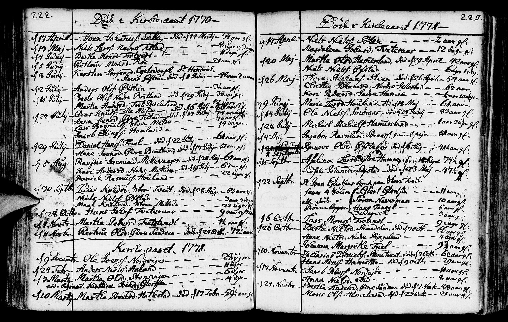 Fana Sokneprestembete, SAB/A-75101/H/Haa/Haaa/L0004: Parish register (official) no. A 4, 1757-1774, p. 222-223