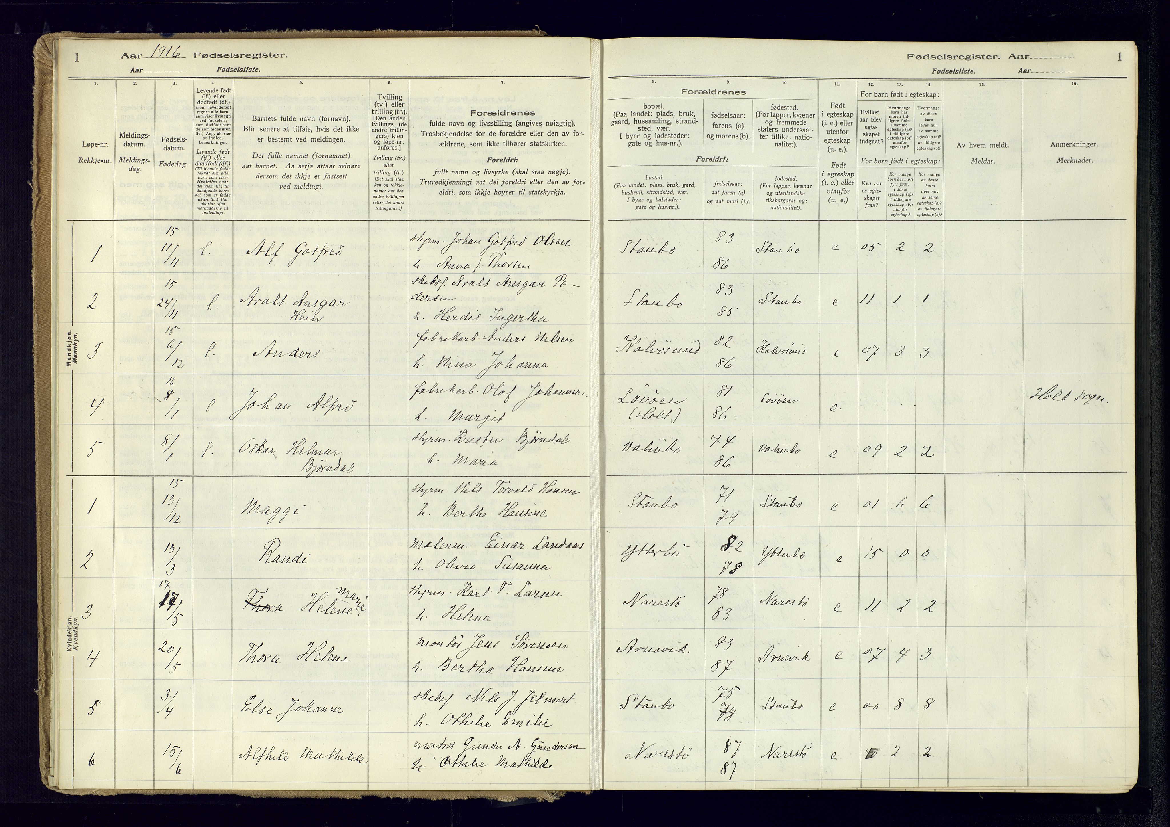 Austre Moland sokneprestkontor, SAK/1111-0001/J/Ja/L0005: Birth register no. A-VI-29, 1916-1982, p. 1