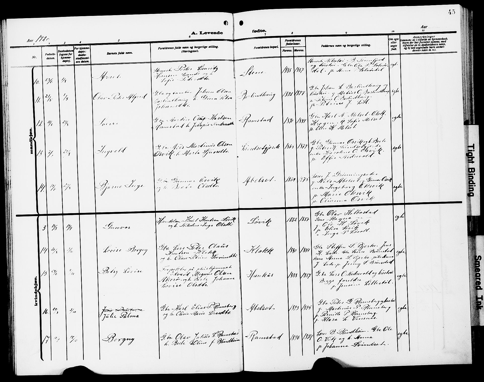 Ministerialprotokoller, klokkerbøker og fødselsregistre - Møre og Romsdal, AV/SAT-A-1454/522/L0328: Parish register (copy) no. 522C07, 1909-1925, p. 45