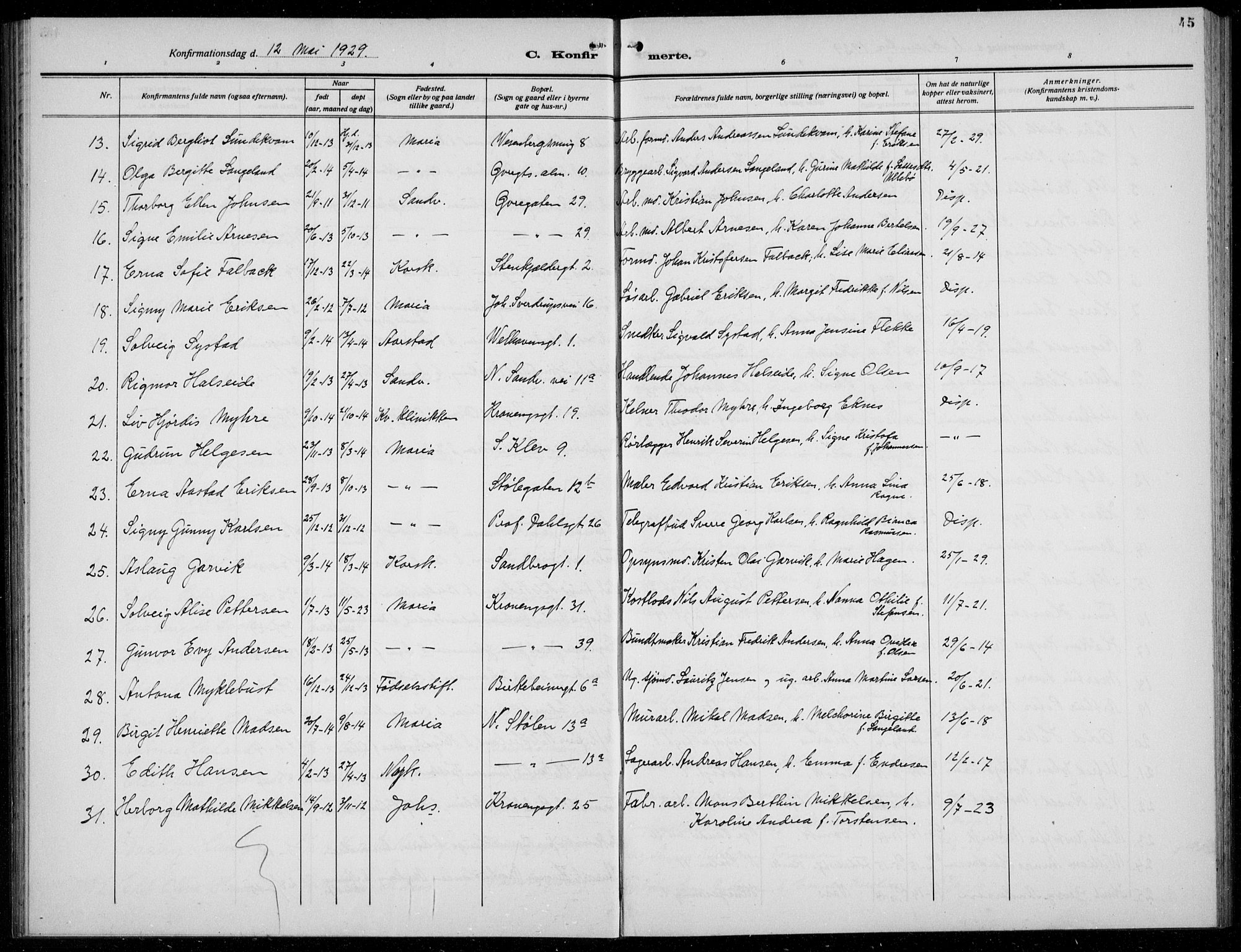 Mariakirken Sokneprestembete, AV/SAB-A-76901/H/Hab/L0010: Parish register (copy) no. A 10, 1920-1937, p. 45