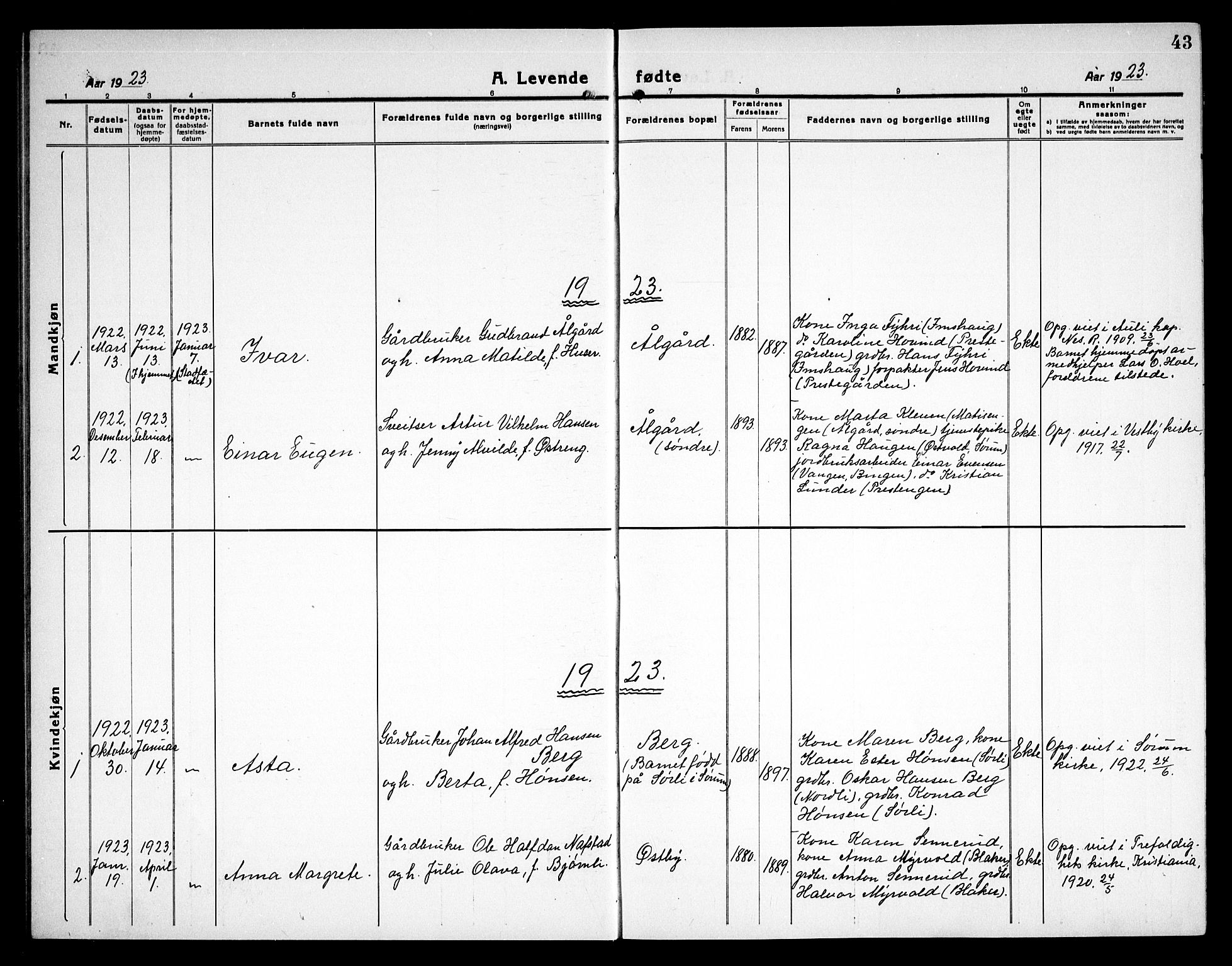 Sørum prestekontor Kirkebøker, AV/SAO-A-10303/G/Ga/L0008: Parish register (copy) no. I 8, 1917-1934, p. 43