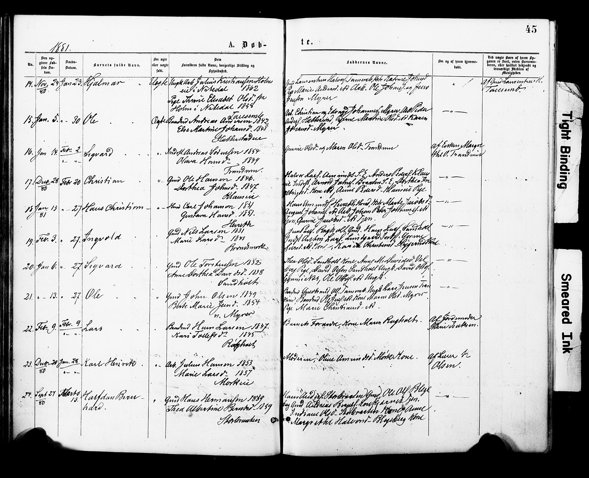 Eidsvoll prestekontor Kirkebøker, AV/SAO-A-10888/F/Fa/L0001: Parish register (official) no. I 1, 1877-1881, p. 45