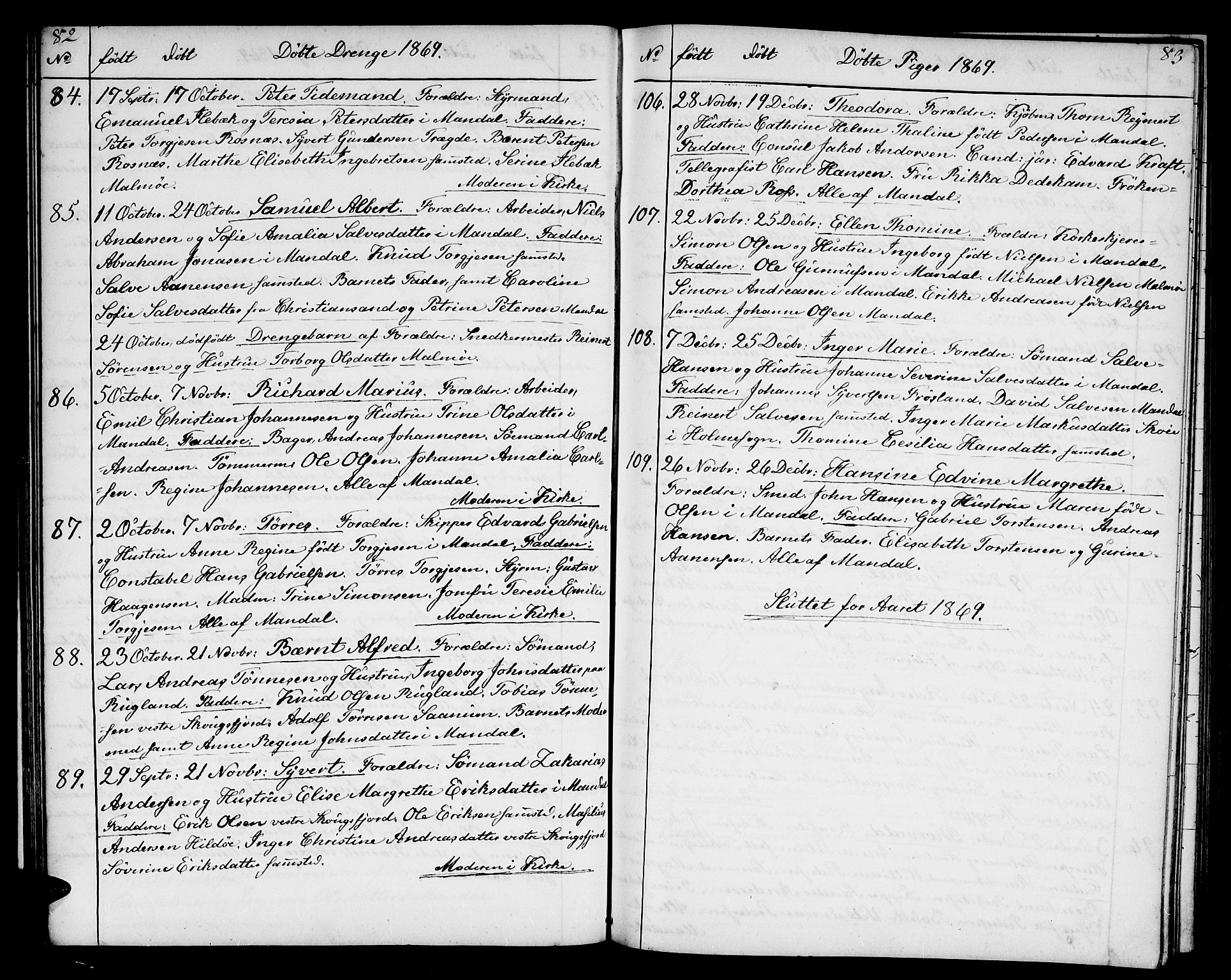 Mandal sokneprestkontor, AV/SAK-1111-0030/F/Fb/Fba/L0009: Parish register (copy) no. B 3, 1867-1877, p. 82-83