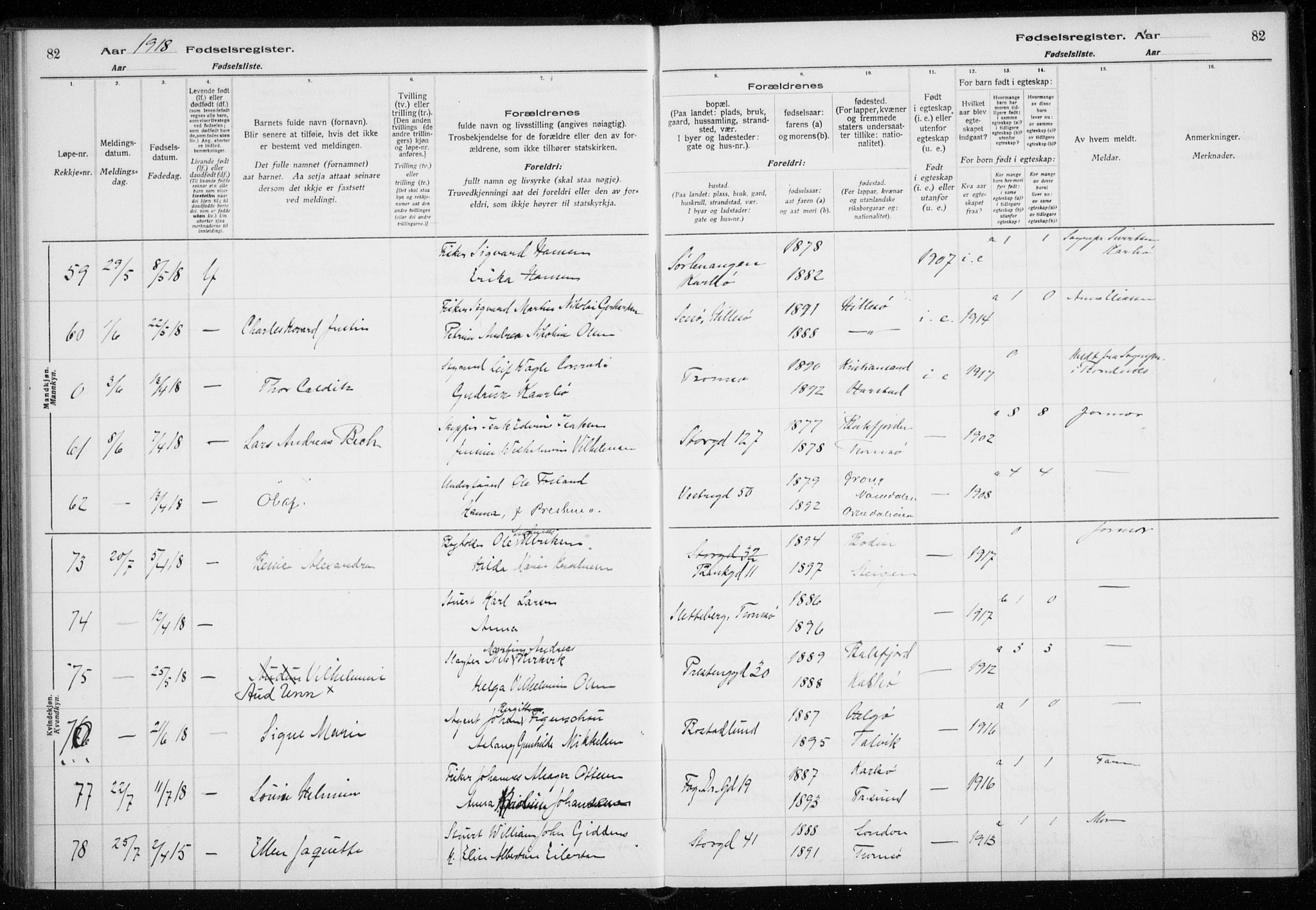 Tromsø sokneprestkontor/stiftsprosti/domprosti, AV/SATØ-S-1343/H/Ha/L0131: Birth register no. 131, 1916-1921, p. 82