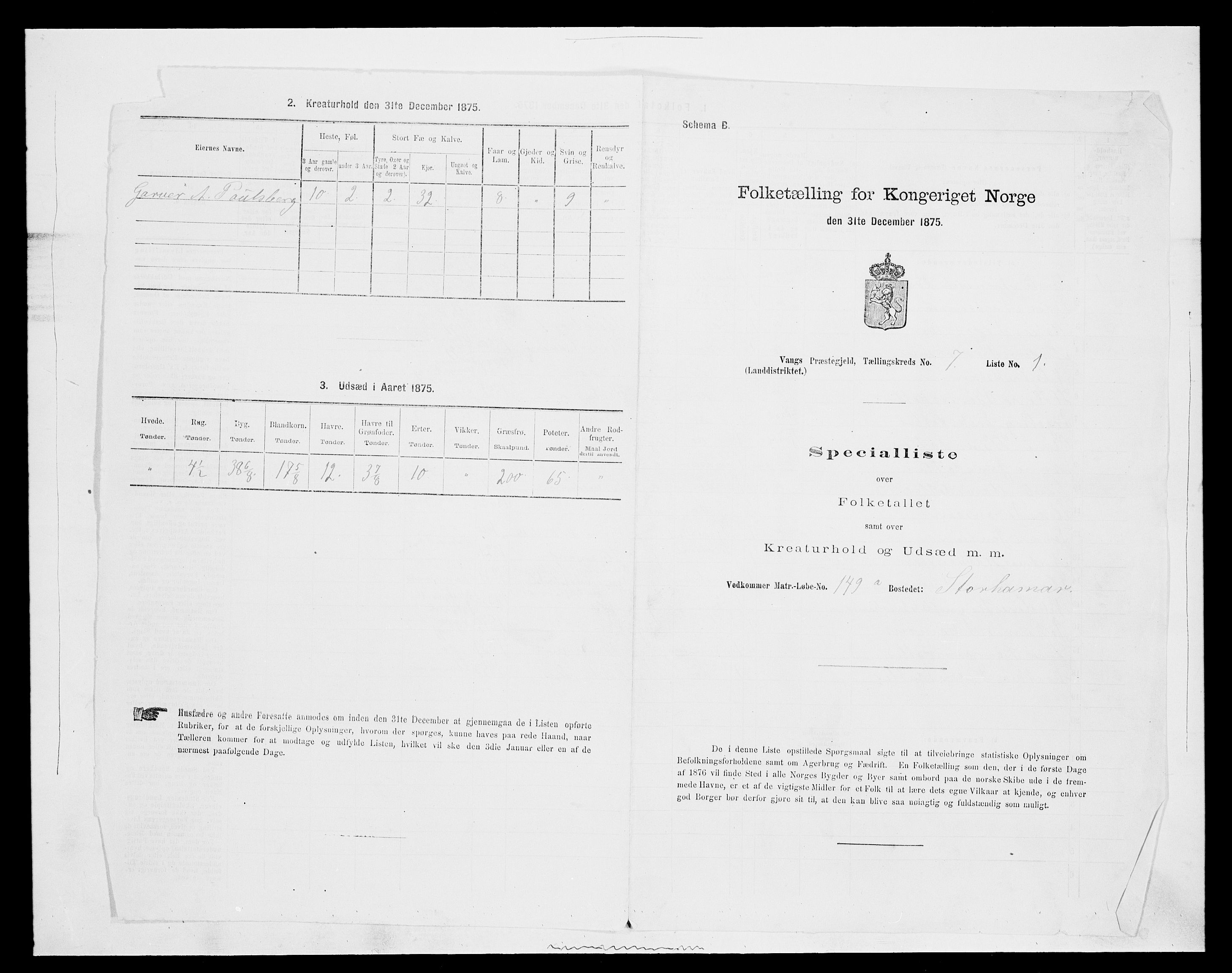 SAH, 1875 census for 0414L Vang/Vang og Furnes, 1875, p. 1462