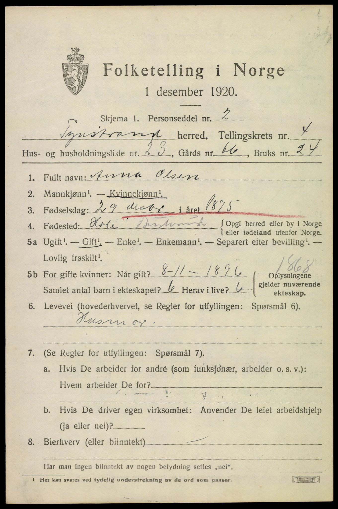 SAKO, 1920 census for Tyristrand, 1920, p. 3250