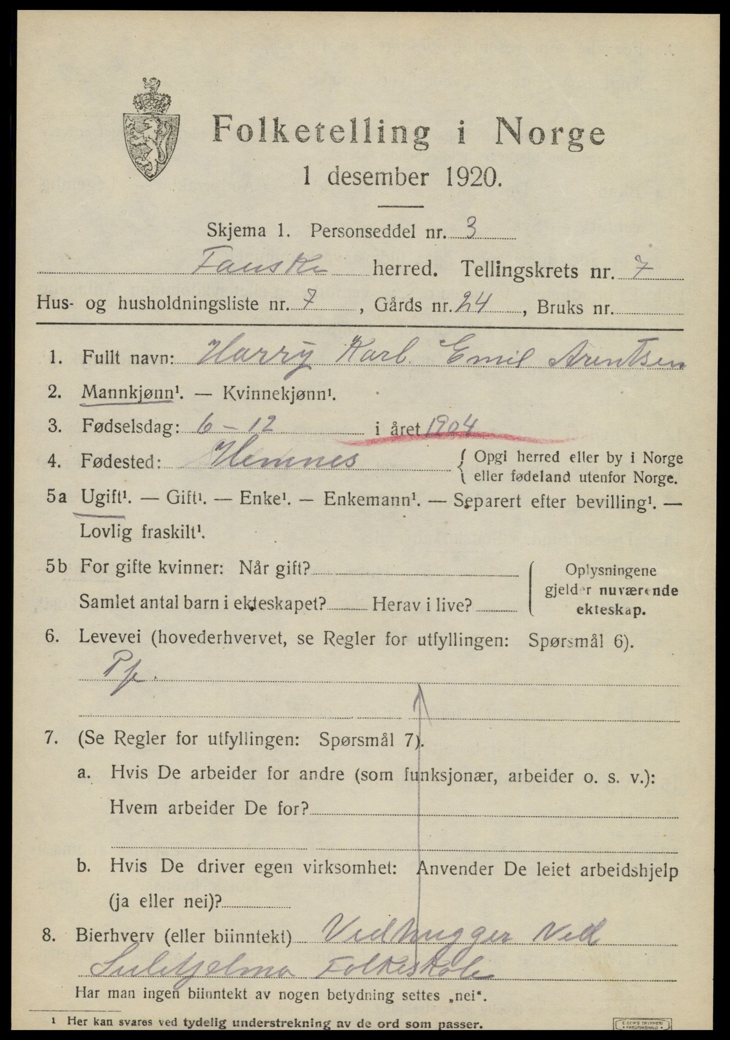 SAT, 1920 census for Fauske, 1920, p. 5932