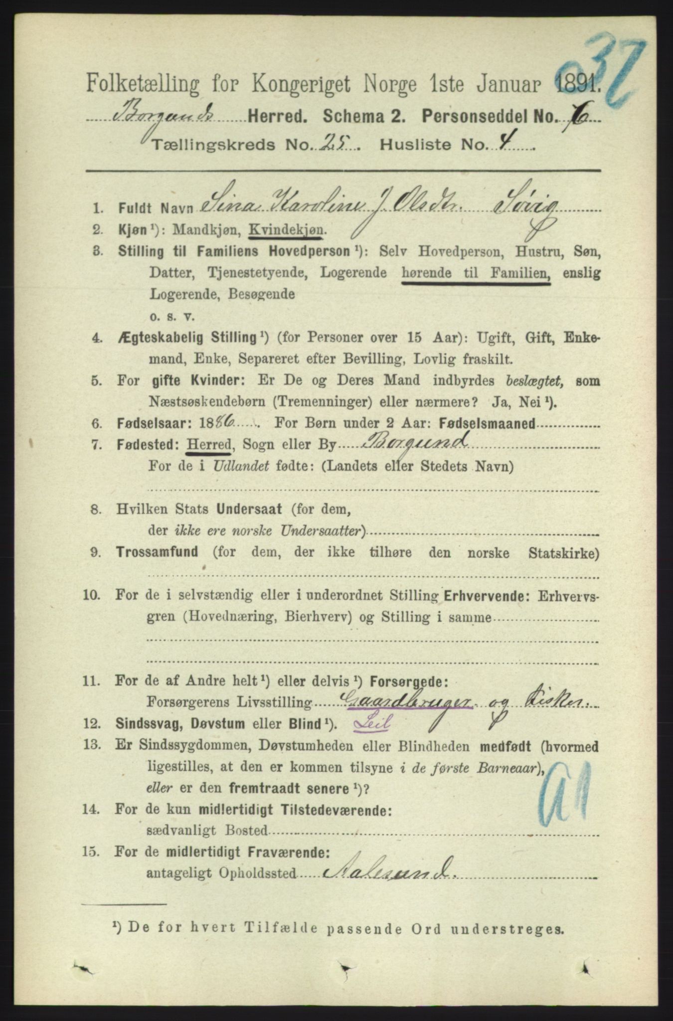 RA, 1891 census for 1531 Borgund, 1891, p. 7282