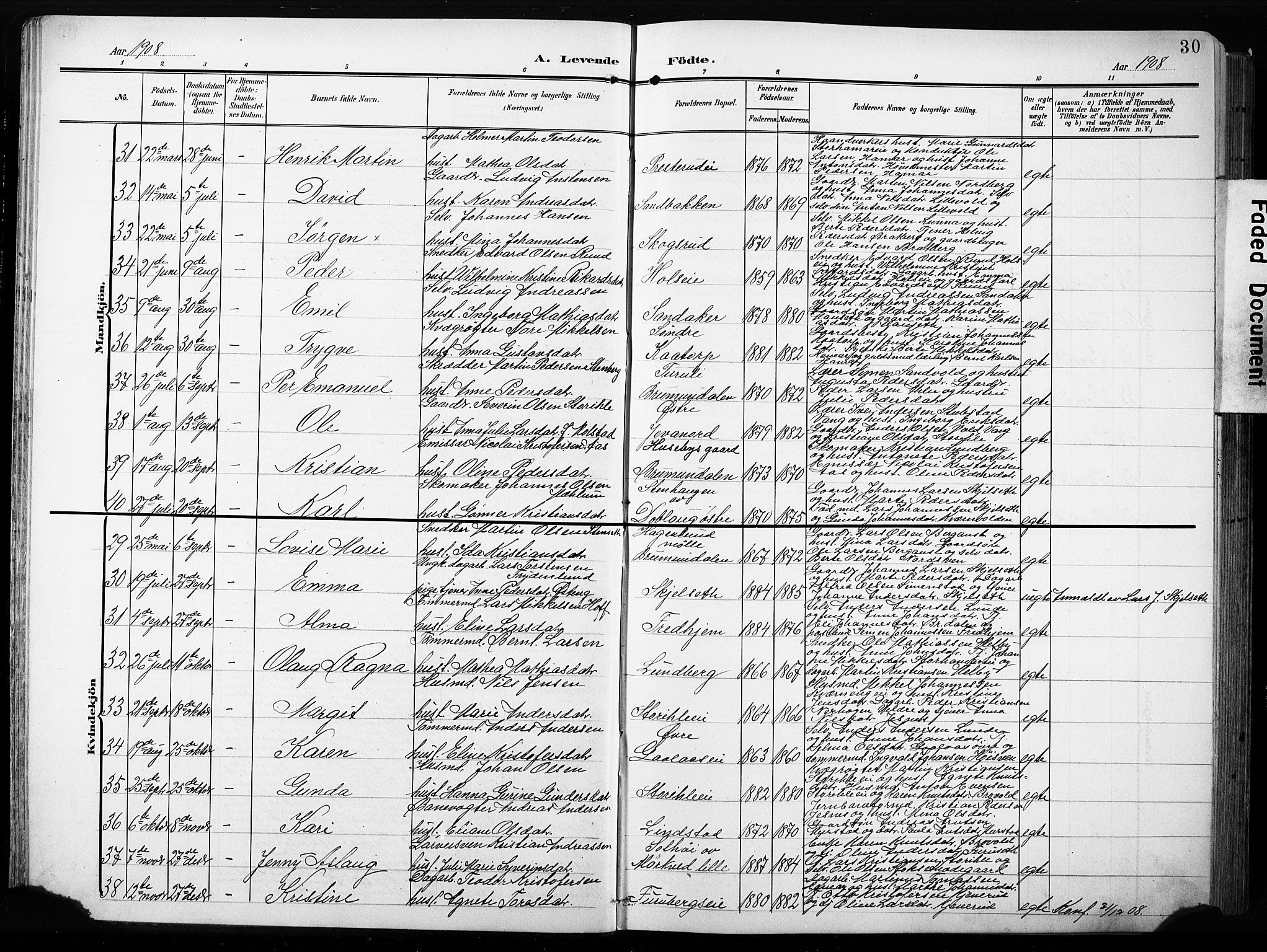 Furnes prestekontor, SAH/PREST-012/L/La/L0001: Parish register (copy) no. 1, 1904-1933, p. 30