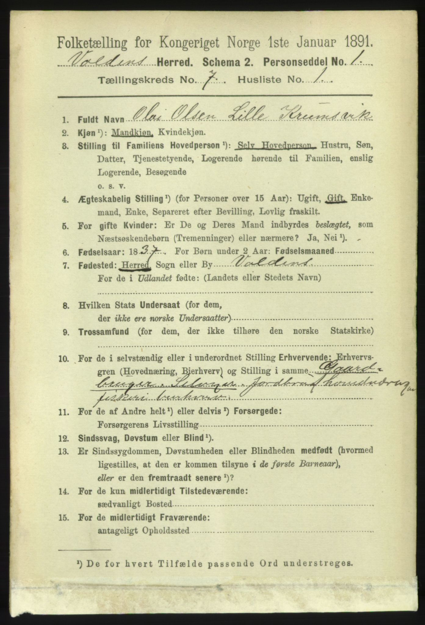 RA, 1891 census for 1519 Volda, 1891, p. 3350