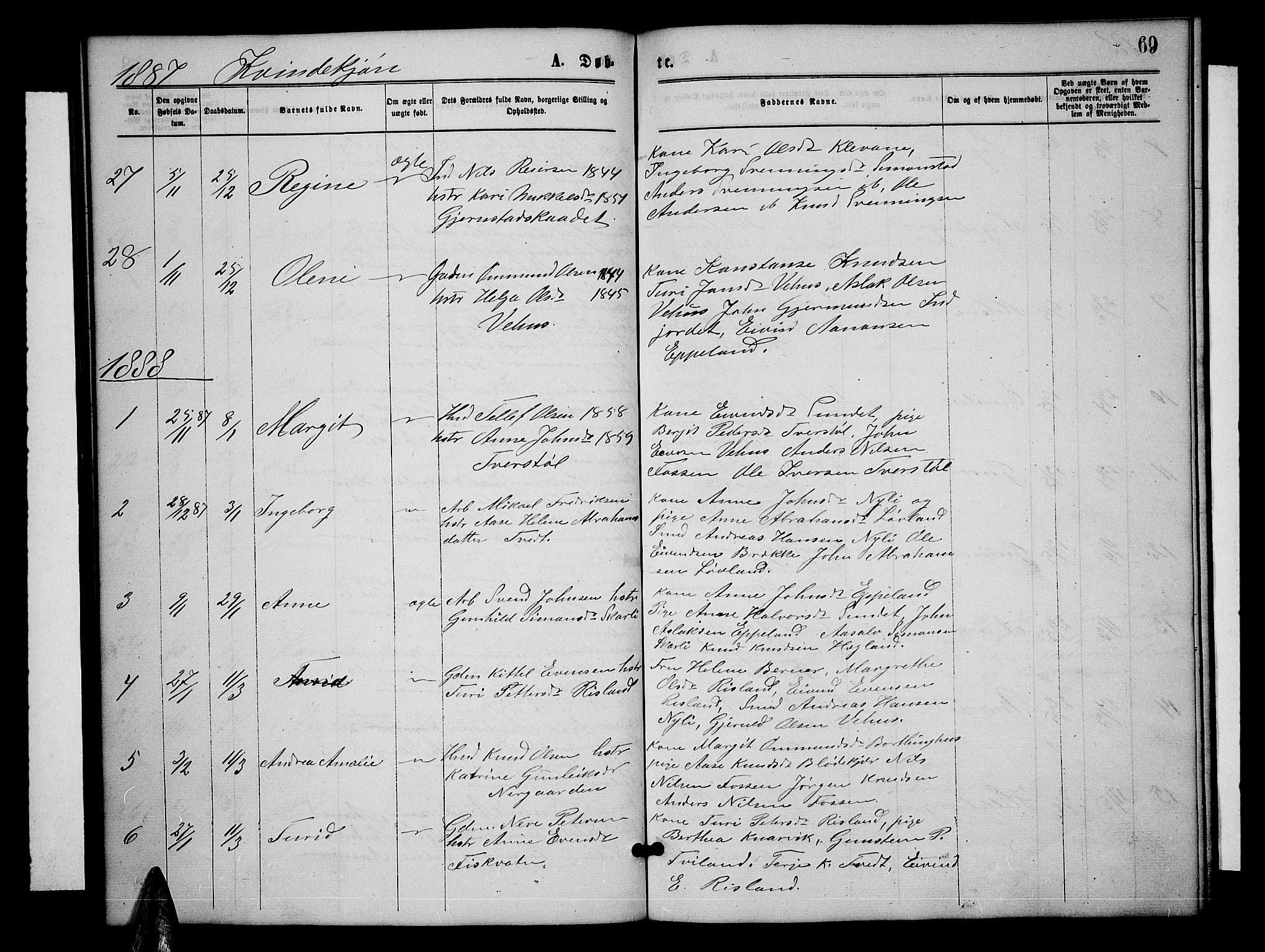 Åmli sokneprestkontor, AV/SAK-1111-0050/F/Fb/Fbc/L0003: Parish register (copy) no. B 3, 1868-1888, p. 69