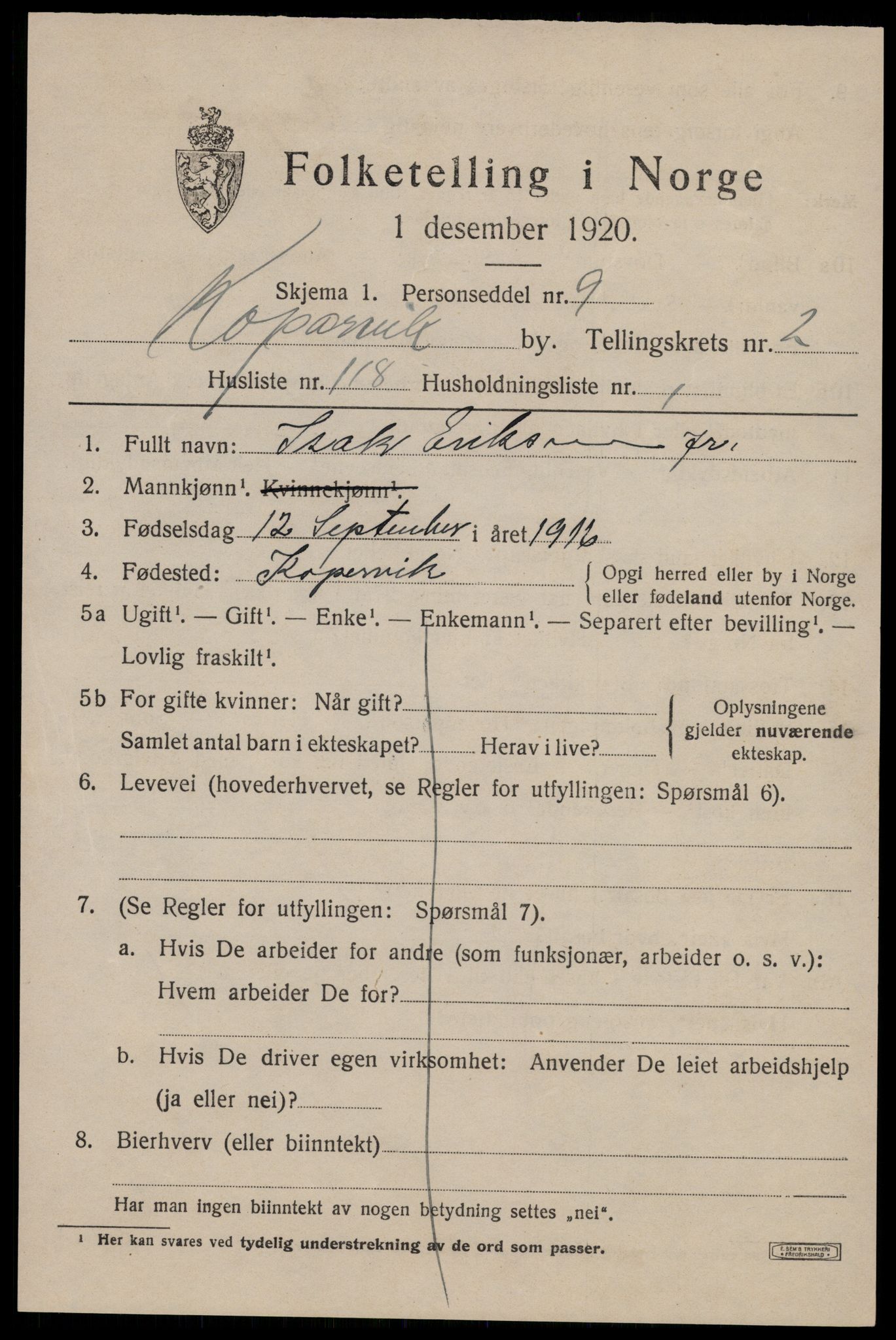 SAST, 1920 census for Kopervik, 1920, p. 4092