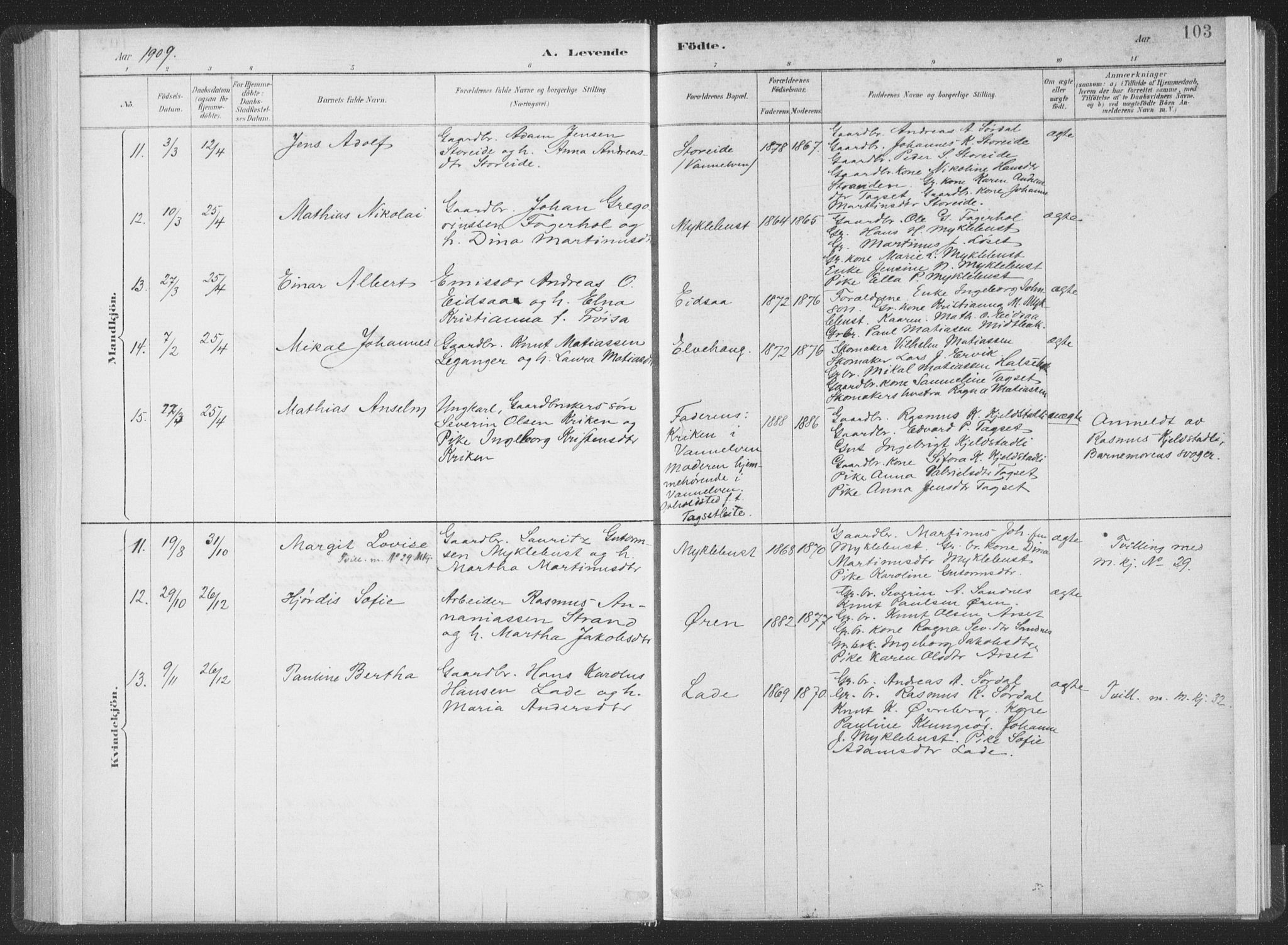 Ministerialprotokoller, klokkerbøker og fødselsregistre - Møre og Romsdal, AV/SAT-A-1454/502/L0025: Parish register (official) no. 502A03, 1885-1909, p. 103