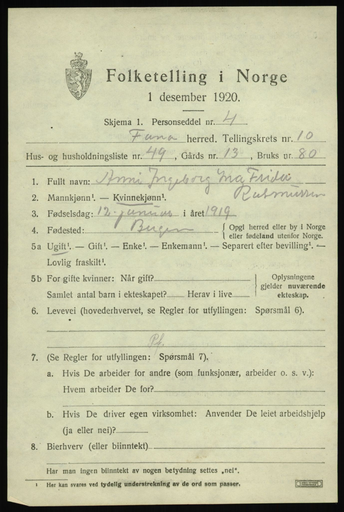 SAB, 1920 census for Fana, 1920, p. 17319