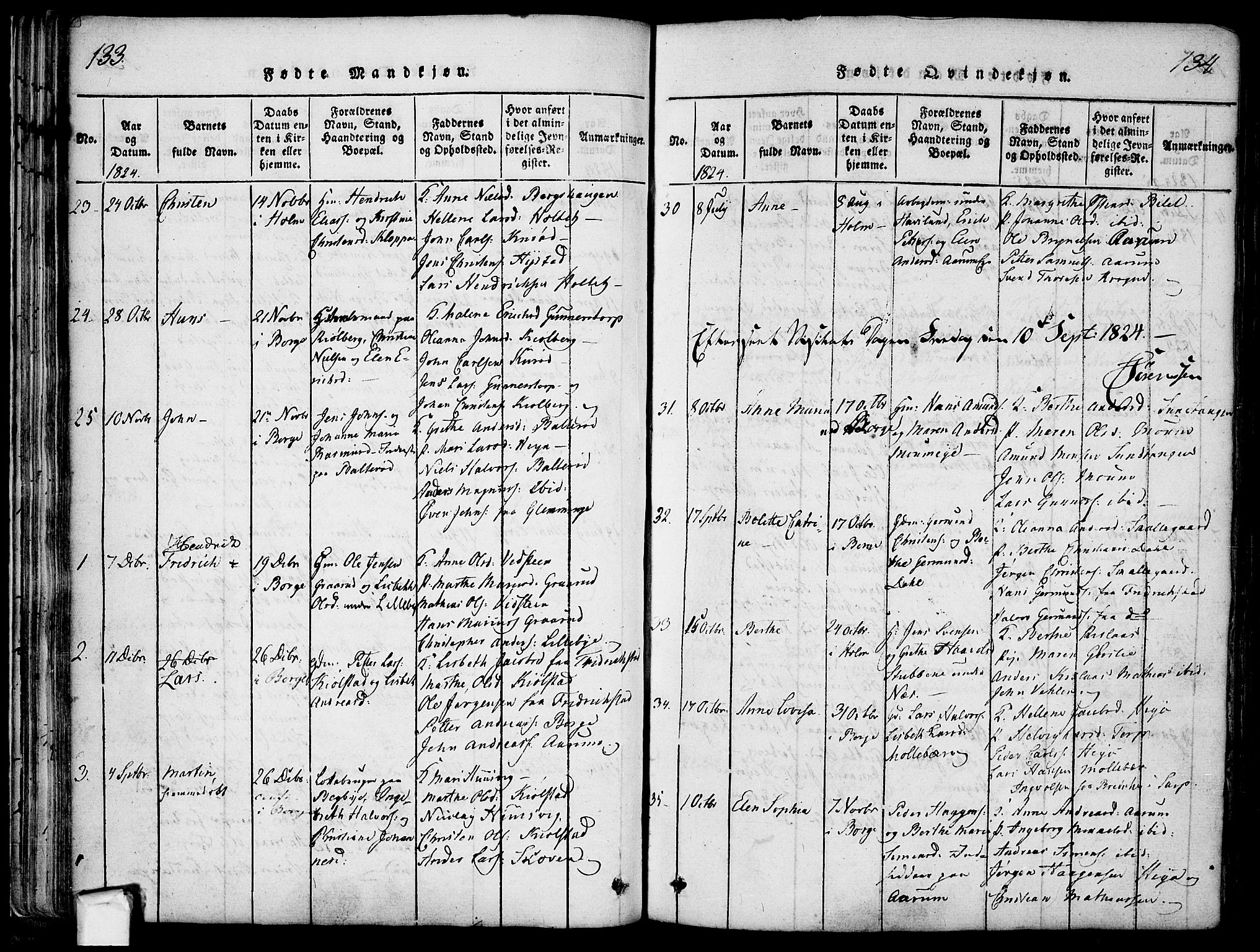 Borge prestekontor Kirkebøker, AV/SAO-A-10903/F/Fa/L0003: Parish register (official) no. I 3, 1815-1836, p. 133-134