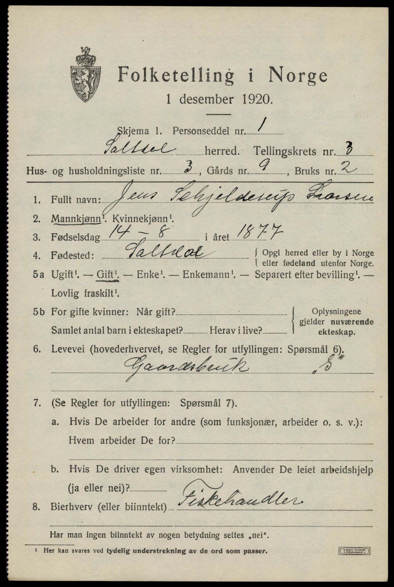 SAT, 1920 census for Saltdal, 1920, p. 4377