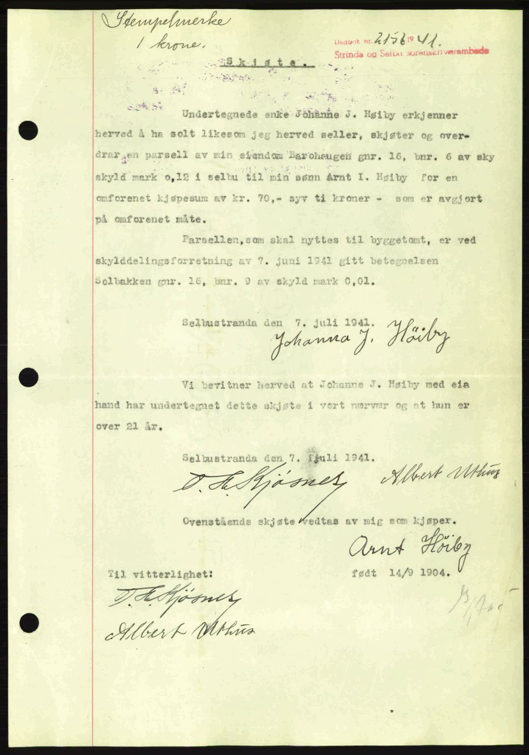 Strinda og Selbu sorenskriveri, AV/SAT-A-0015/2/2C: Mortgage book no. A6, 1941-1942, Diary no: : 2156/1941