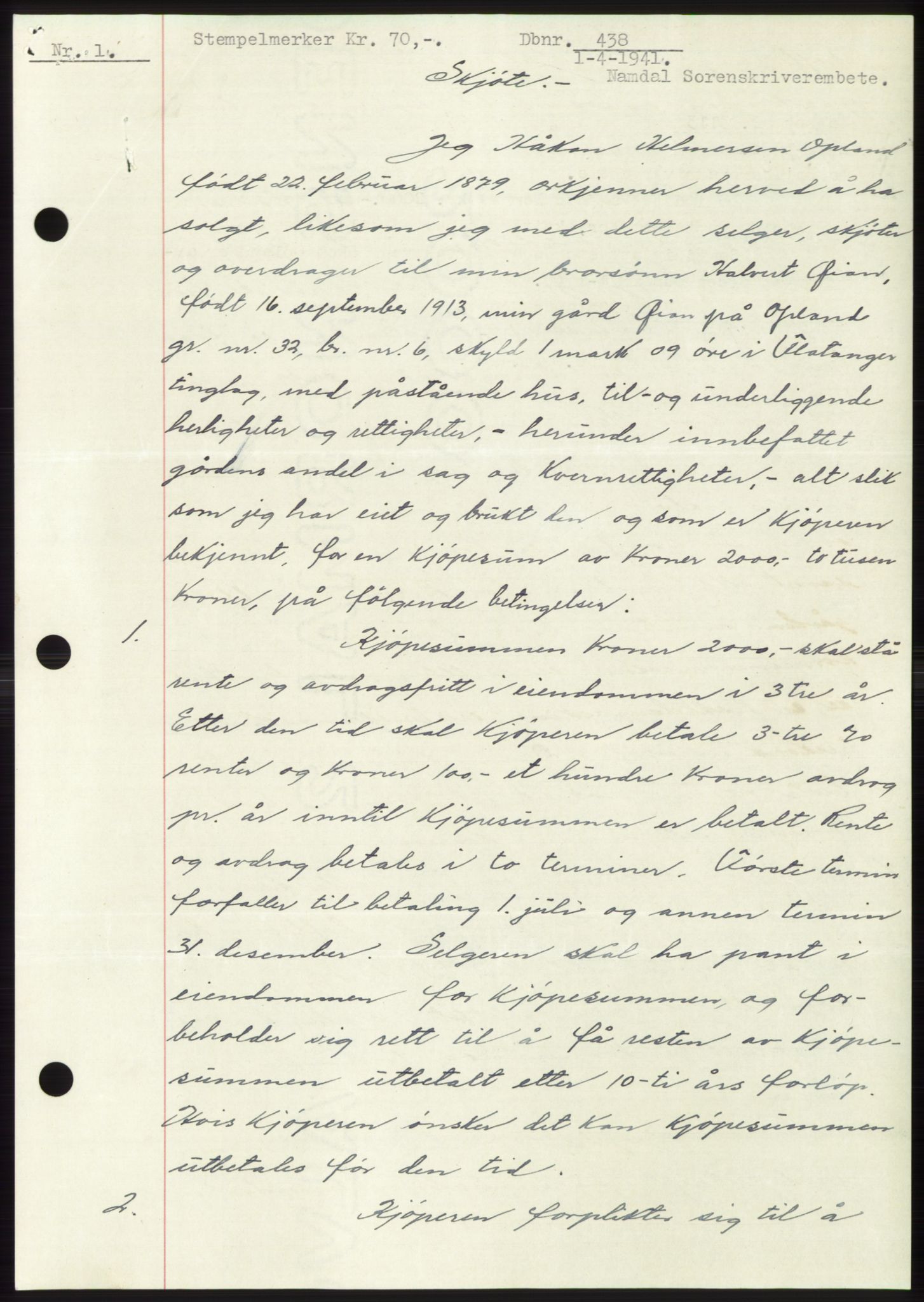 Namdal sorenskriveri, SAT/A-4133/1/2/2C: Mortgage book no. -, 1940-1941, Deed date: 01.04.1941