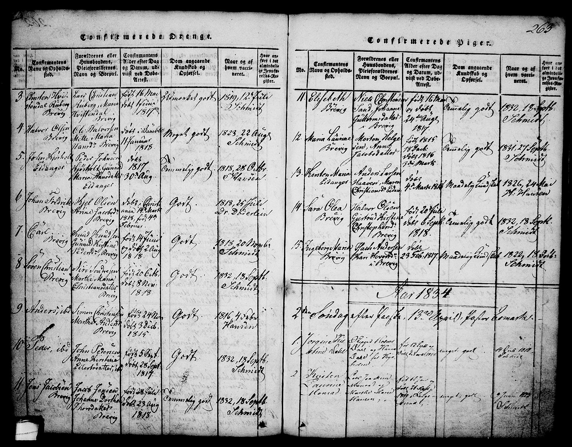 Brevik kirkebøker, AV/SAKO-A-255/G/Ga/L0001: Parish register (copy) no. 1, 1814-1845, p. 263