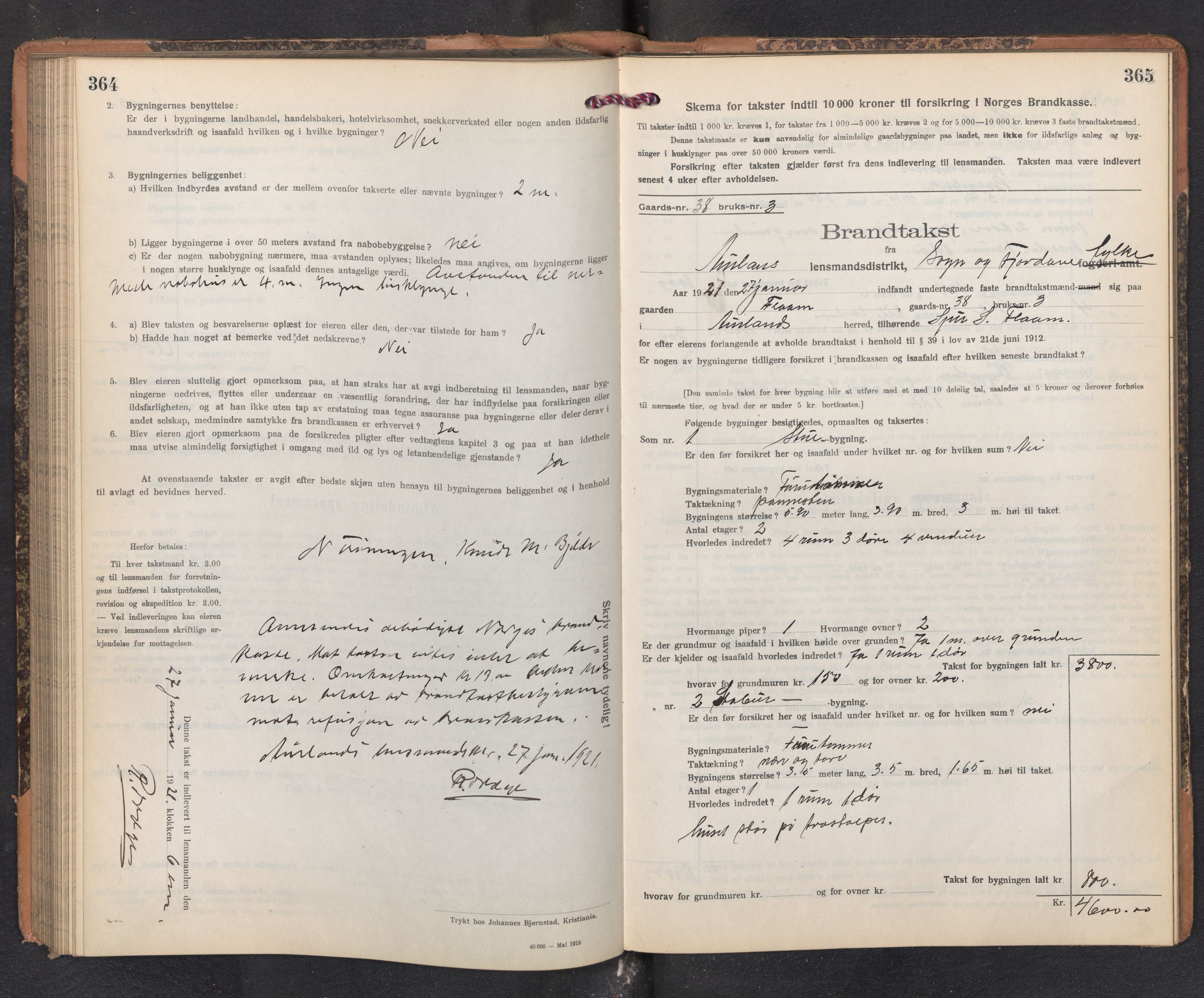 Lensmannen i Aurland, SAB/A-26401/0012/L0006: Branntakstprotokoll, skjematakst, 1916-1922, p. 364-365