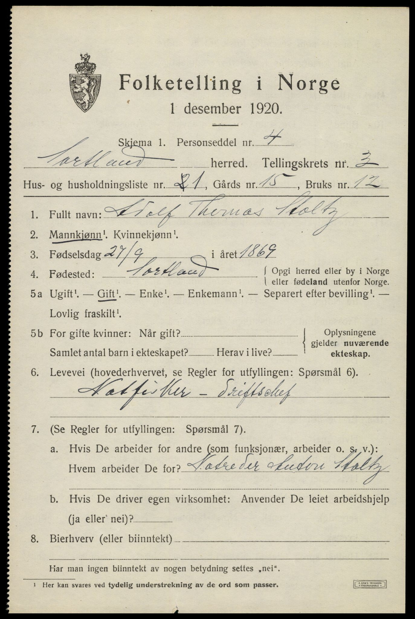 SAT, 1920 census for Sortland, 1920, p. 3620