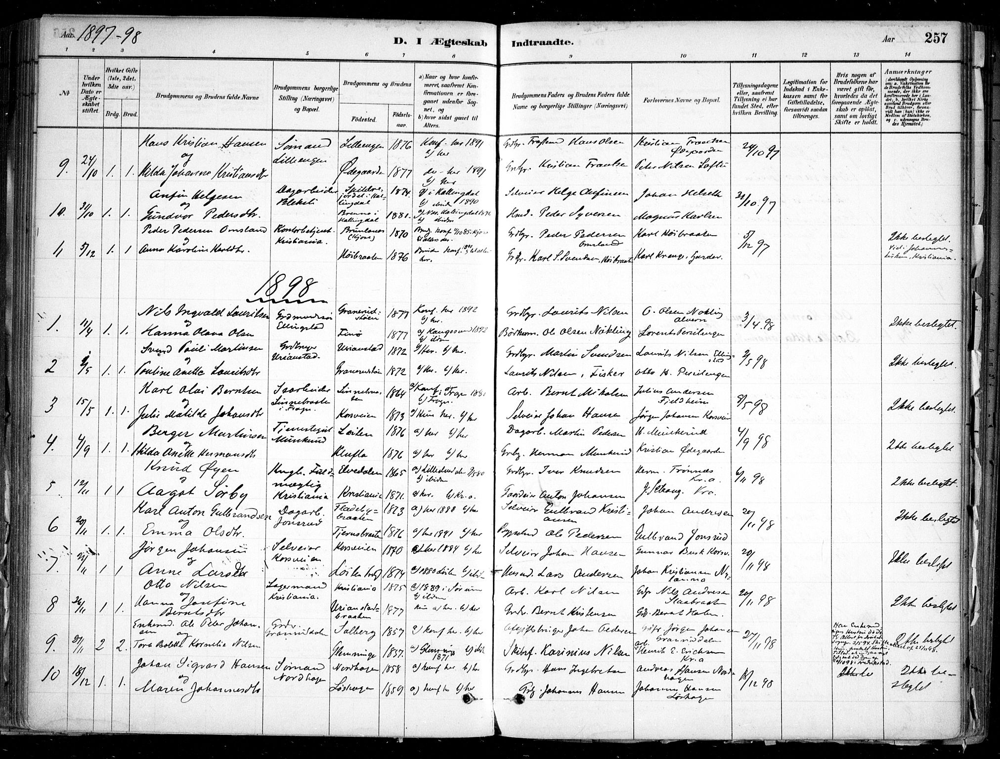 Nesodden prestekontor Kirkebøker, SAO/A-10013/F/Fa/L0009: Parish register (official) no. I 9, 1880-1915, p. 257