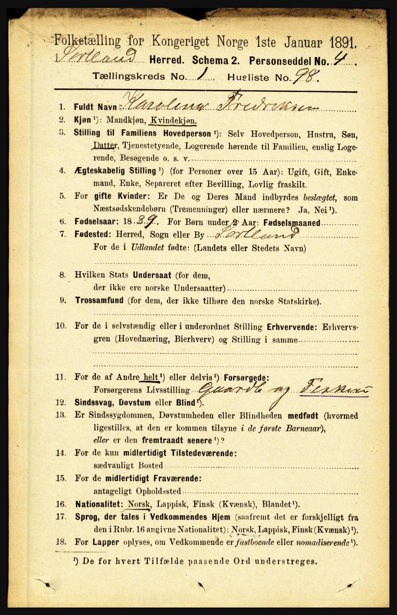 RA, 1891 census for 1870 Sortland, 1891, p. 791