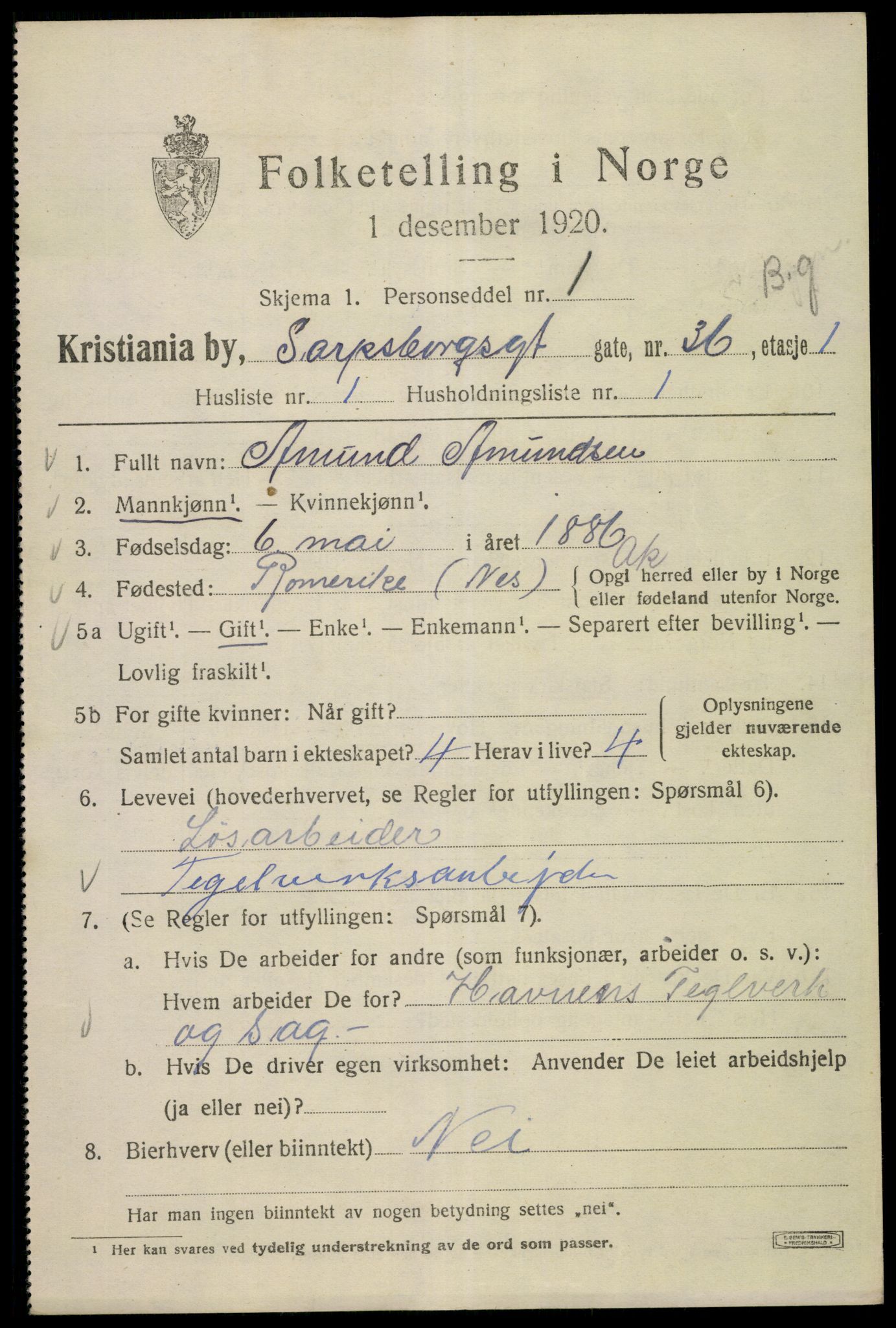 SAO, 1920 census for Kristiania, 1920, p. 486149