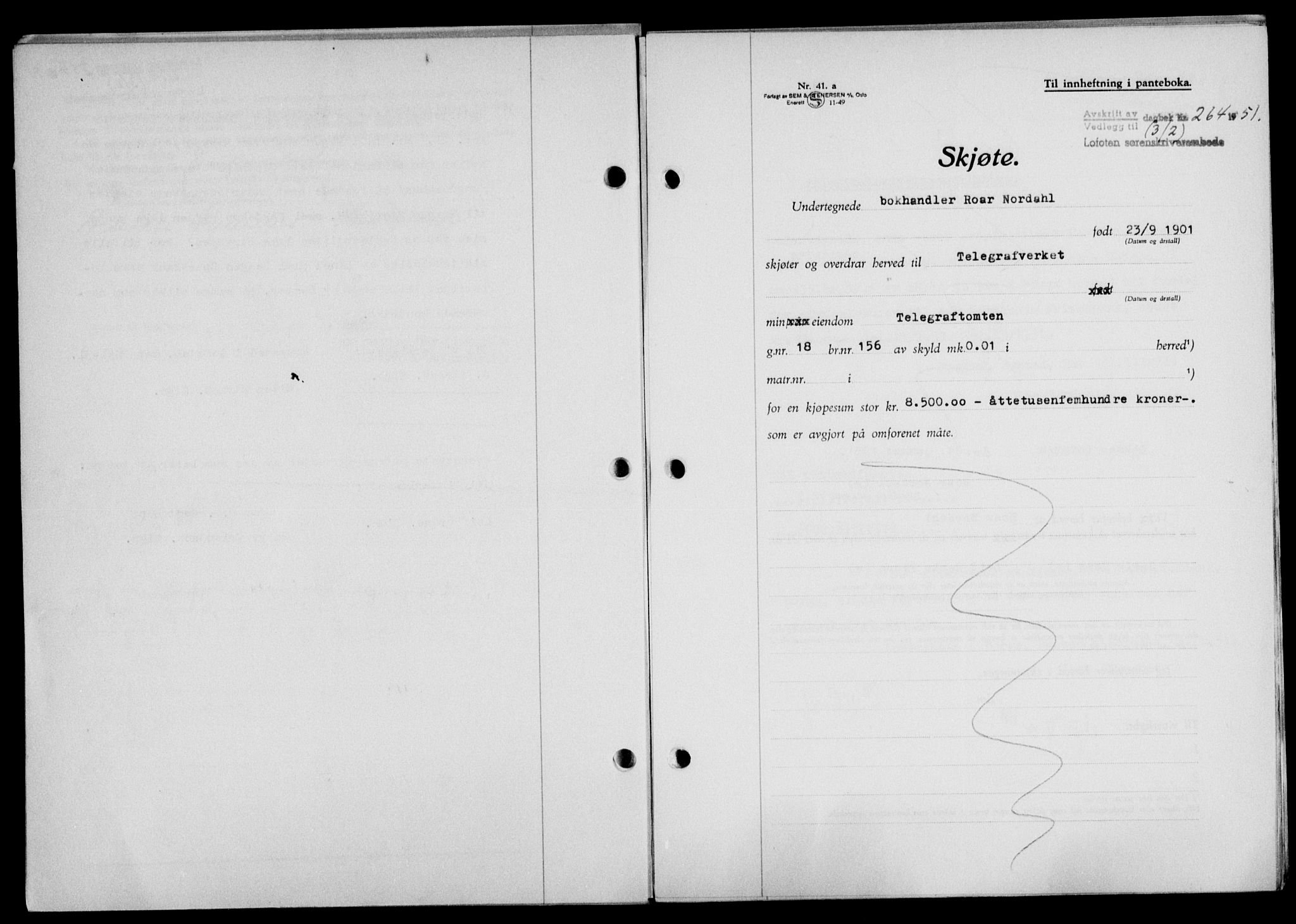 Lofoten sorenskriveri, SAT/A-0017/1/2/2C/L0025a: Mortgage book no. 25a, 1950-1951, Diary no: : 264/1951