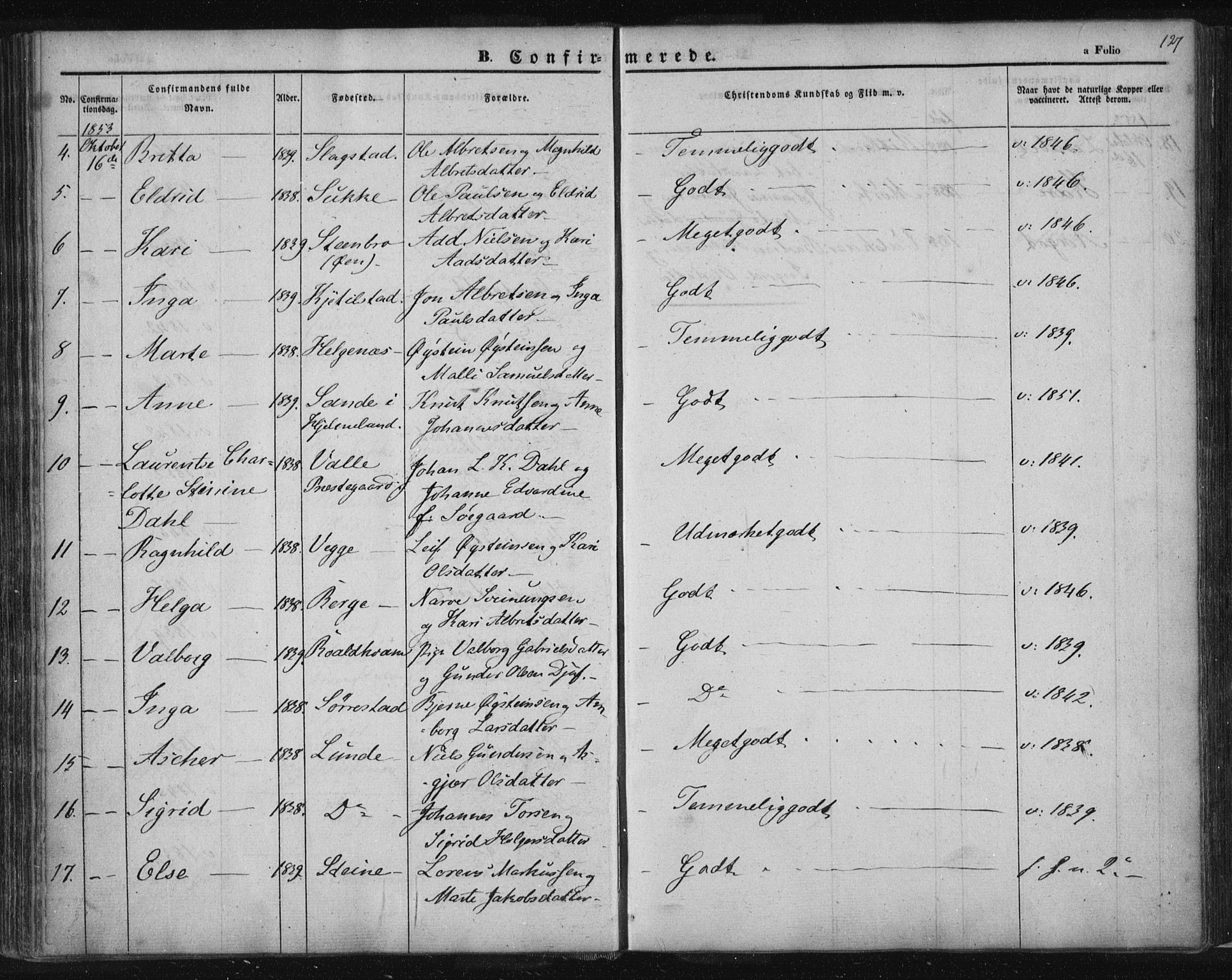 Suldal sokneprestkontor, AV/SAST-A-101845/01/IV/L0008: Parish register (official) no. A 8, 1836-1853, p. 127