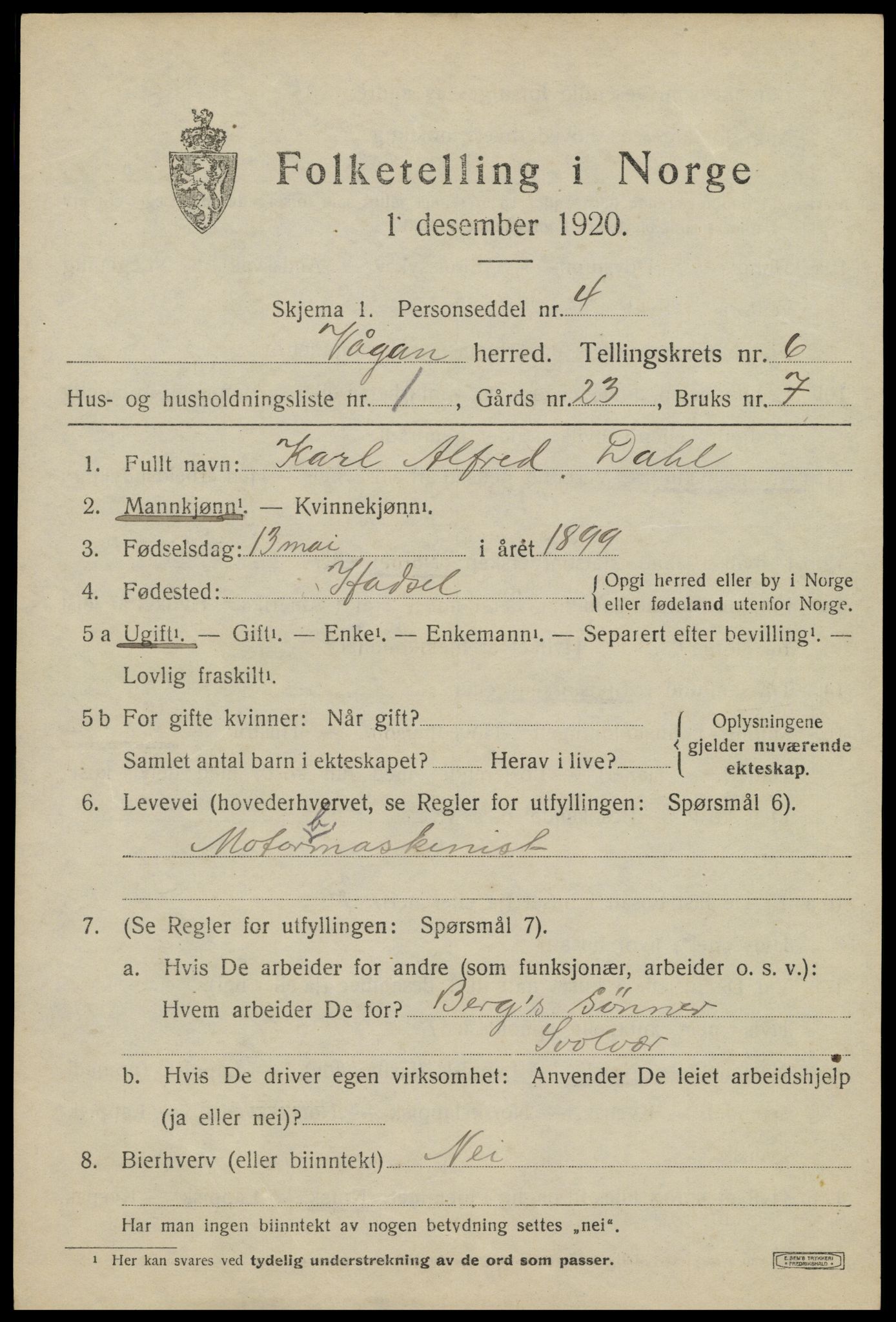 SAT, 1920 census for Vågan, 1920, p. 6147