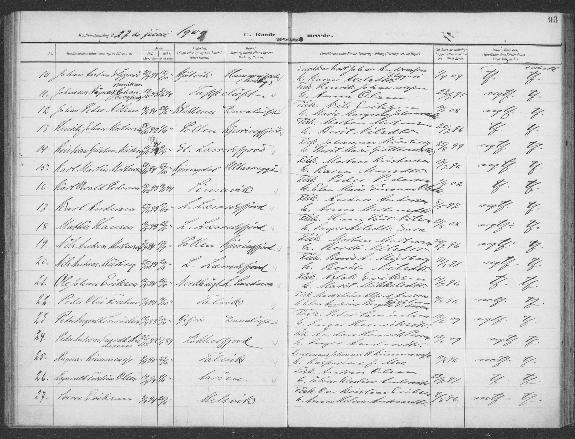 Talvik sokneprestkontor, SATØ/S-1337/H/Ha/L0017kirke: Parish register (official) no. 17, 1906-1915, p. 93