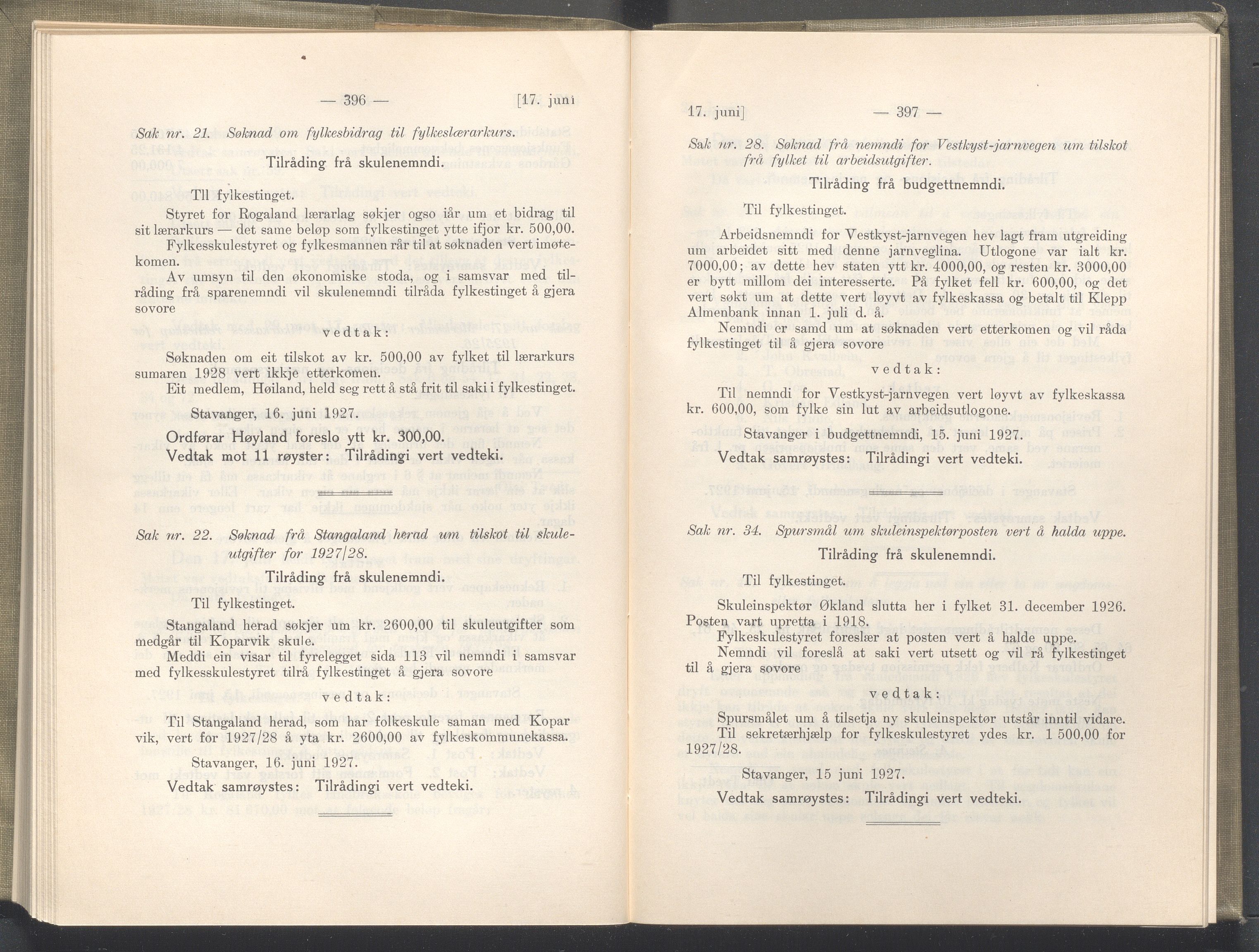 Rogaland fylkeskommune - Fylkesrådmannen , IKAR/A-900/A/Aa/Aaa/L0046: Møtebok , 1927, p. 396-397