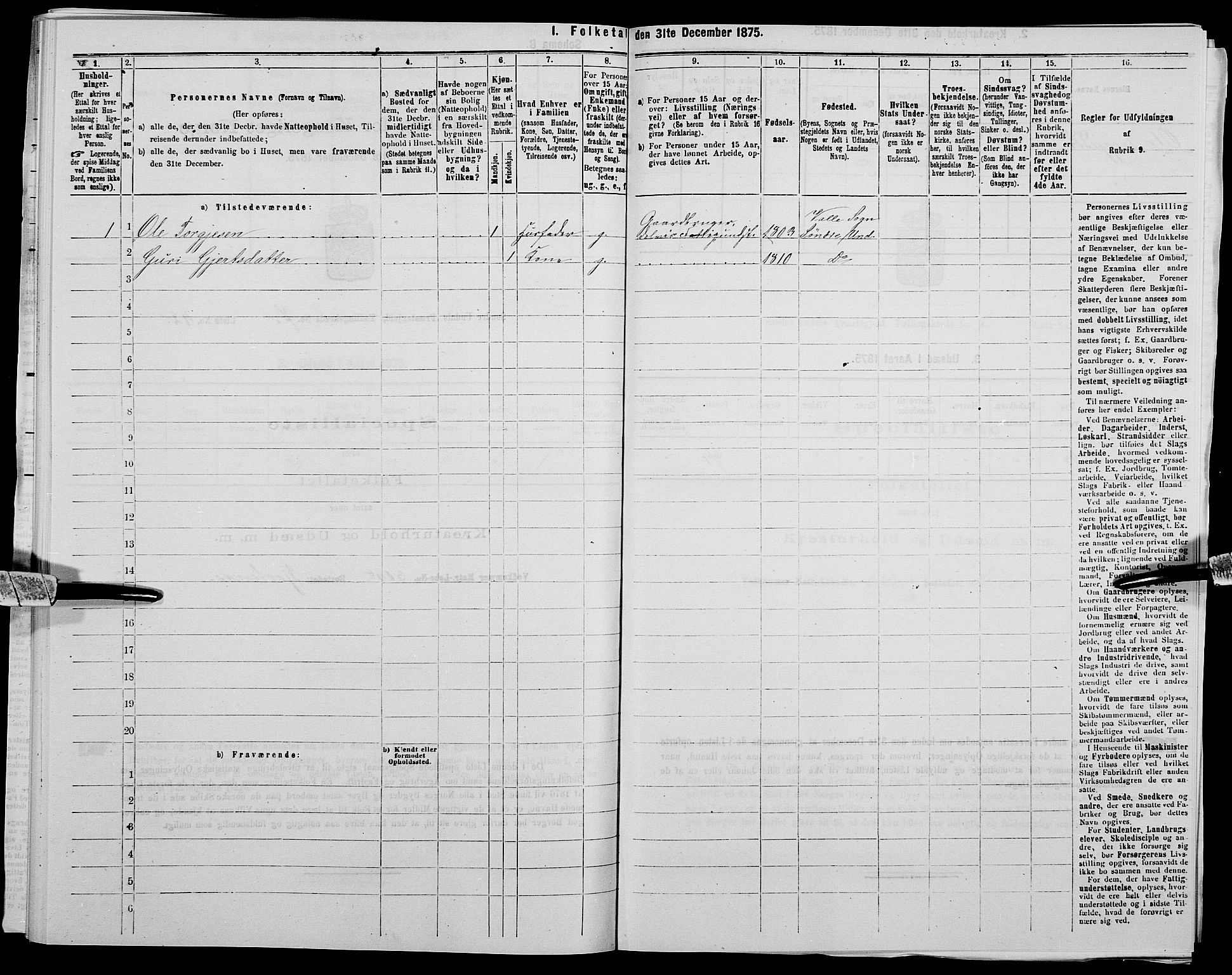 SAK, 1875 census for 1029P Sør-Audnedal, 1875, p. 1030