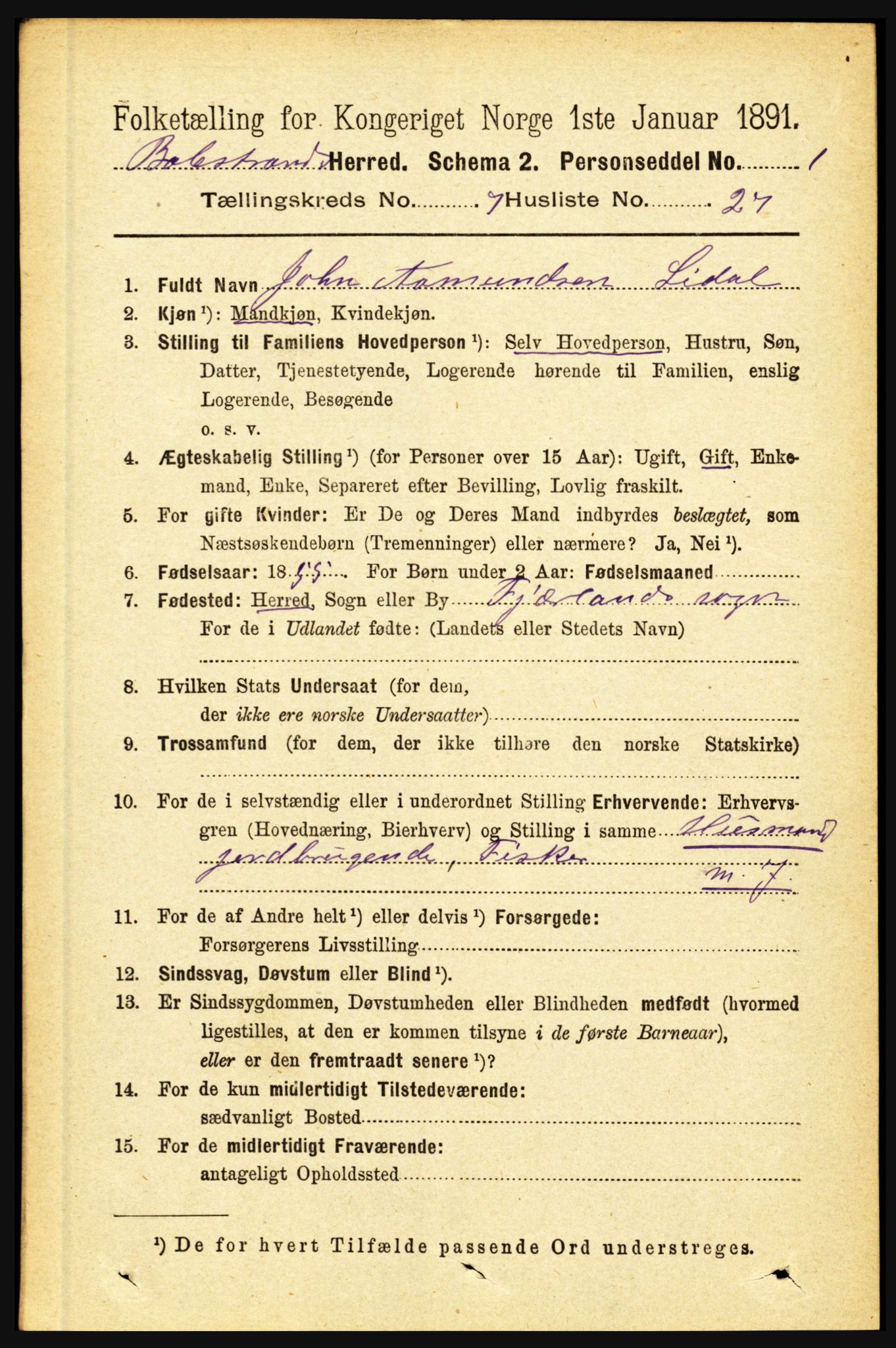 RA, 1891 census for 1418 Balestrand, 1891, p. 1672