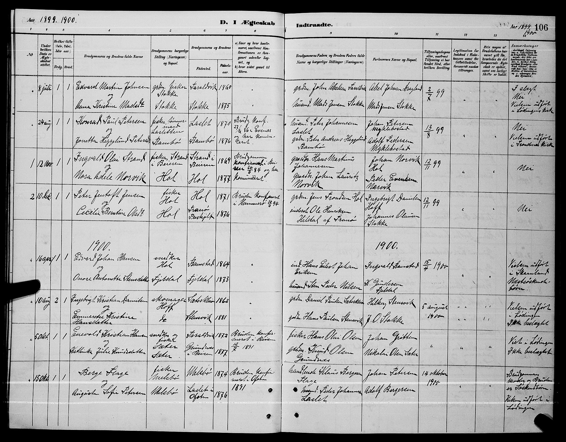 Ministerialprotokoller, klokkerbøker og fødselsregistre - Nordland, AV/SAT-A-1459/865/L0931: Parish register (copy) no. 865C03, 1885-1901, p. 106