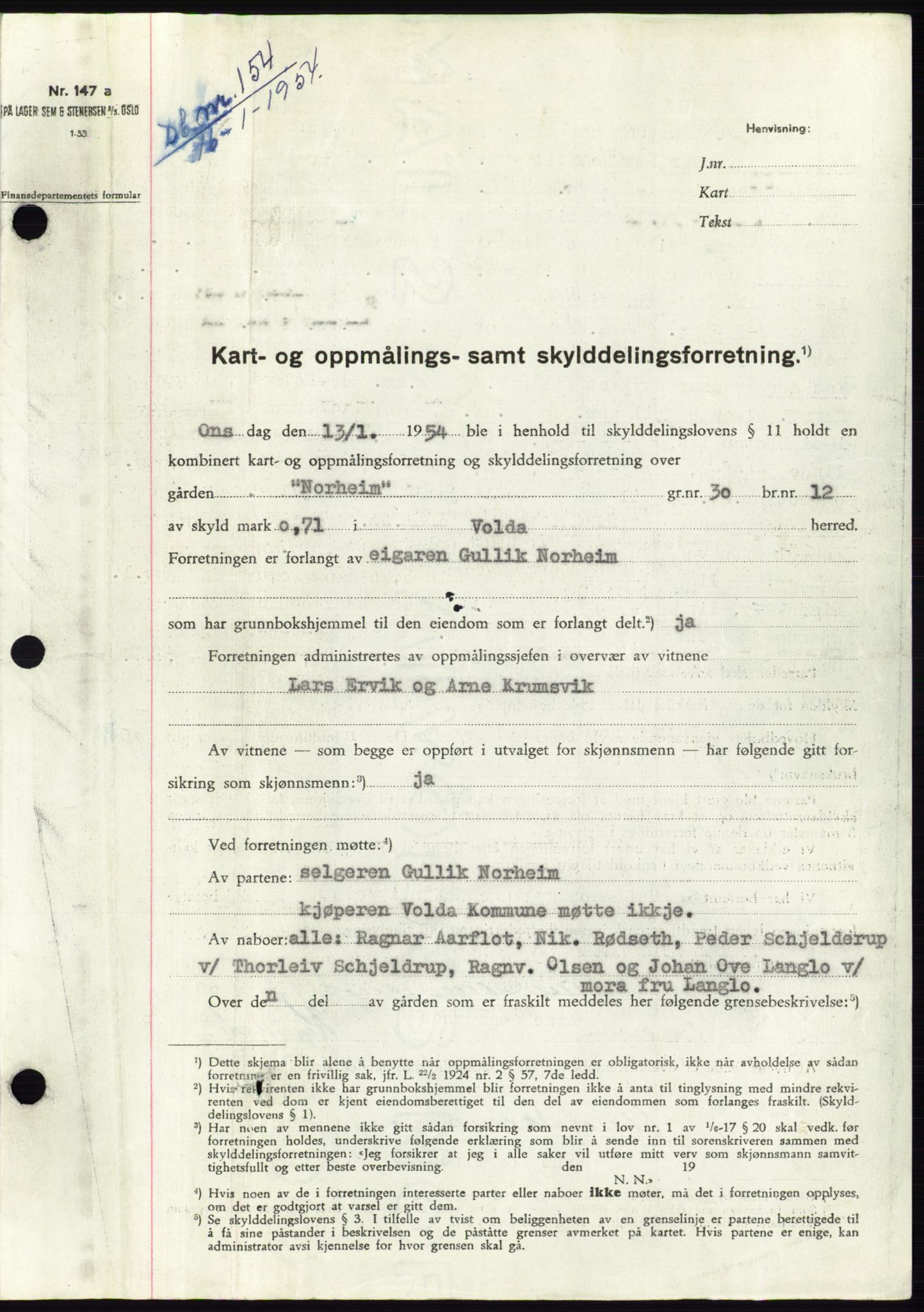 Søre Sunnmøre sorenskriveri, AV/SAT-A-4122/1/2/2C/L0097: Mortgage book no. 23A, 1954-1954, Diary no: : 154/1954