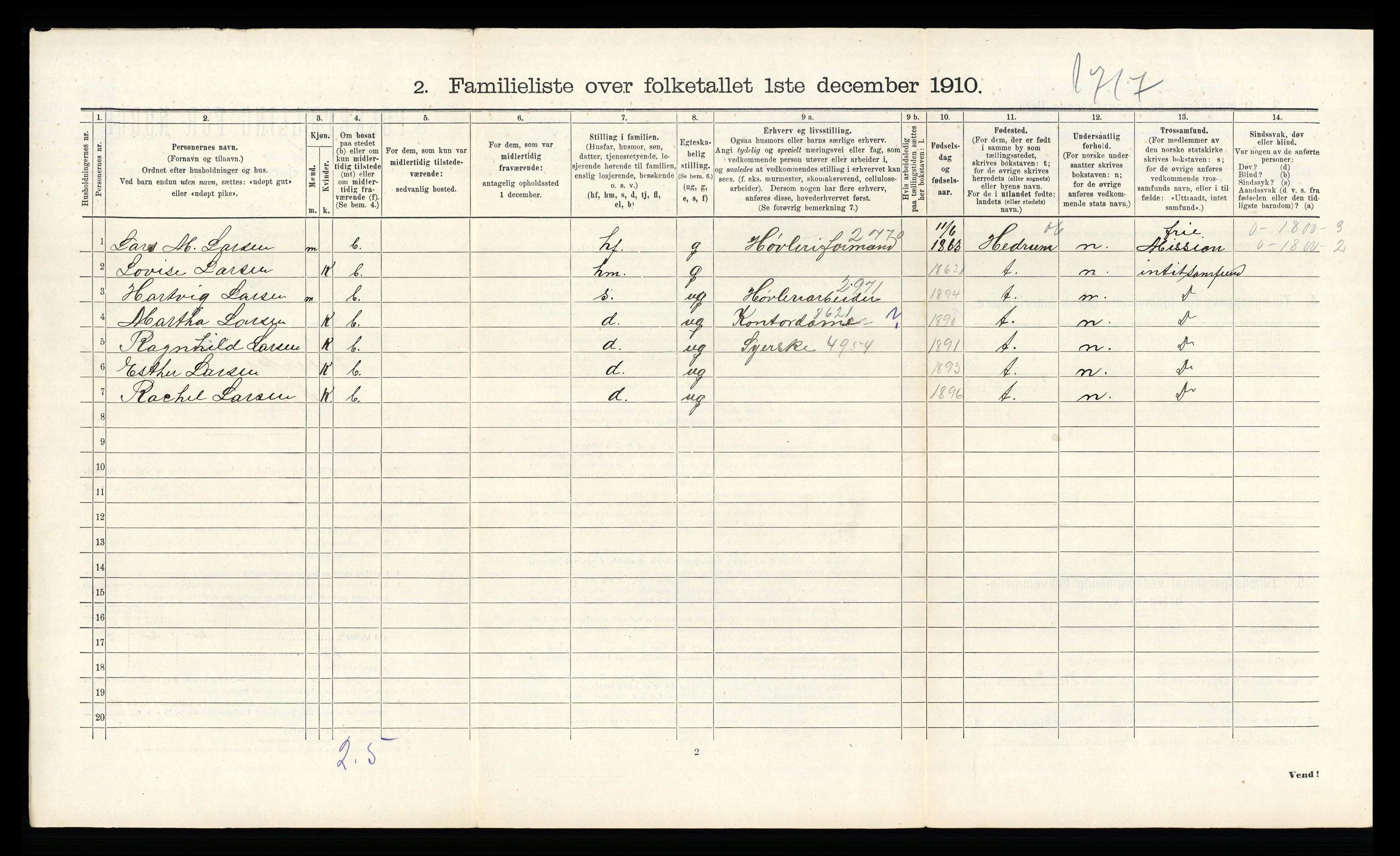 RA, 1910 census for Larvik, 1910, p. 6308