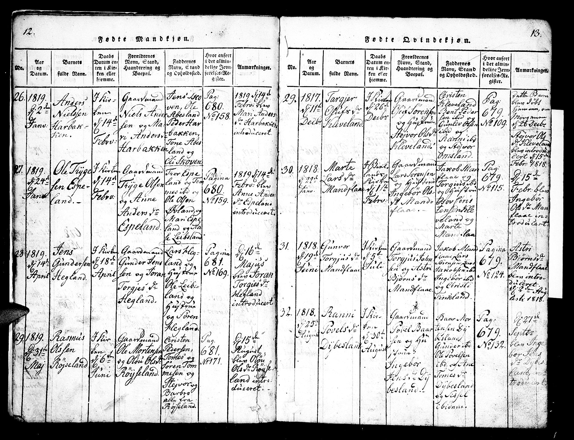 Bjelland sokneprestkontor, SAK/1111-0005/F/Fb/Fbb/L0003: Parish register (copy) no. B 3, 1816-1868, p. 12-13