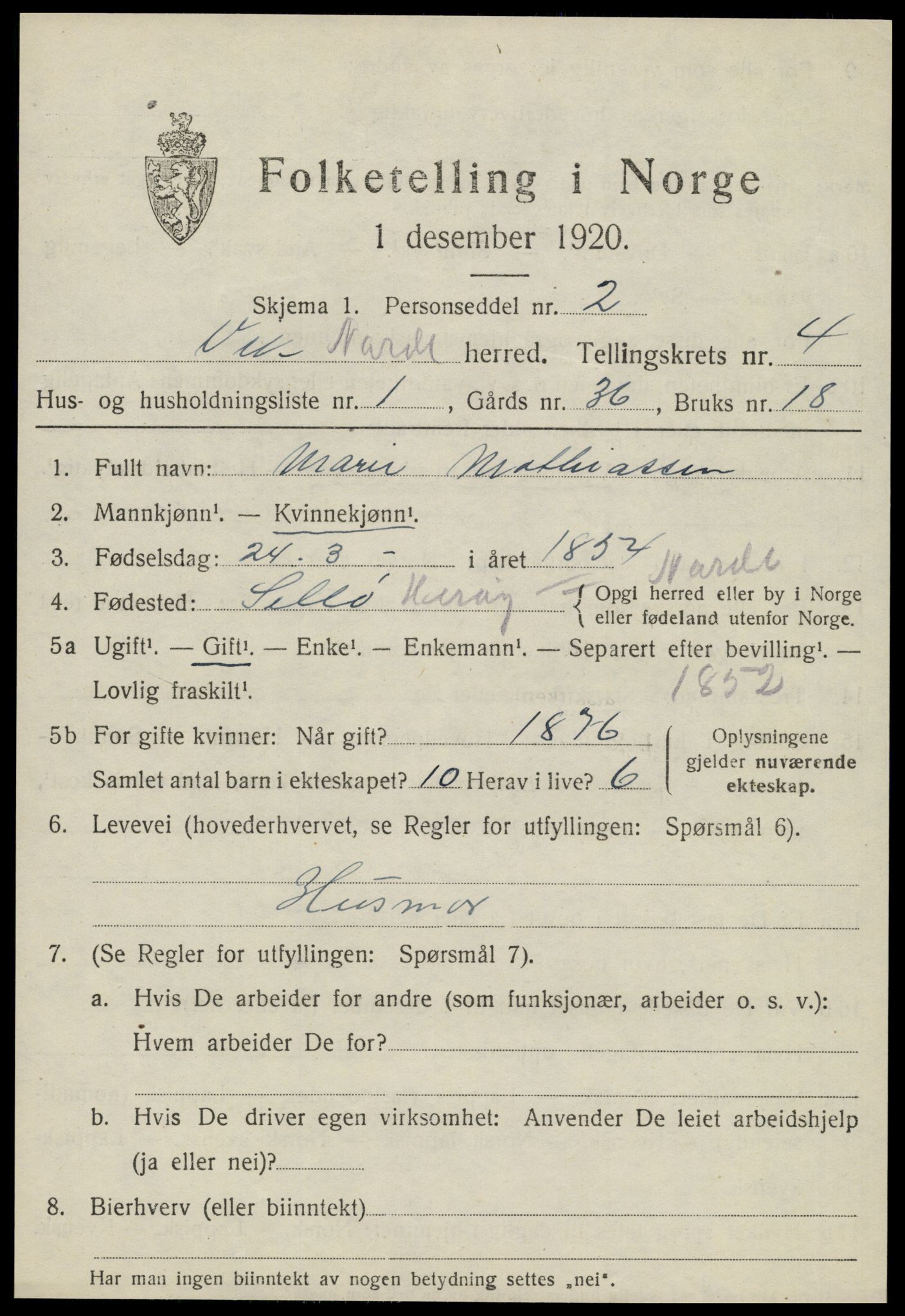 SAT, 1920 census for Vik, 1920, p. 2367