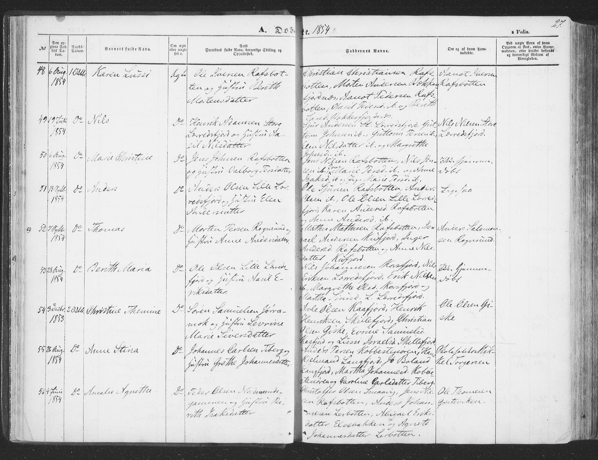 Talvik sokneprestkontor, SATØ/S-1337/H/Ha/L0010kirke: Parish register (official) no. 10, 1852-1864, p. 27