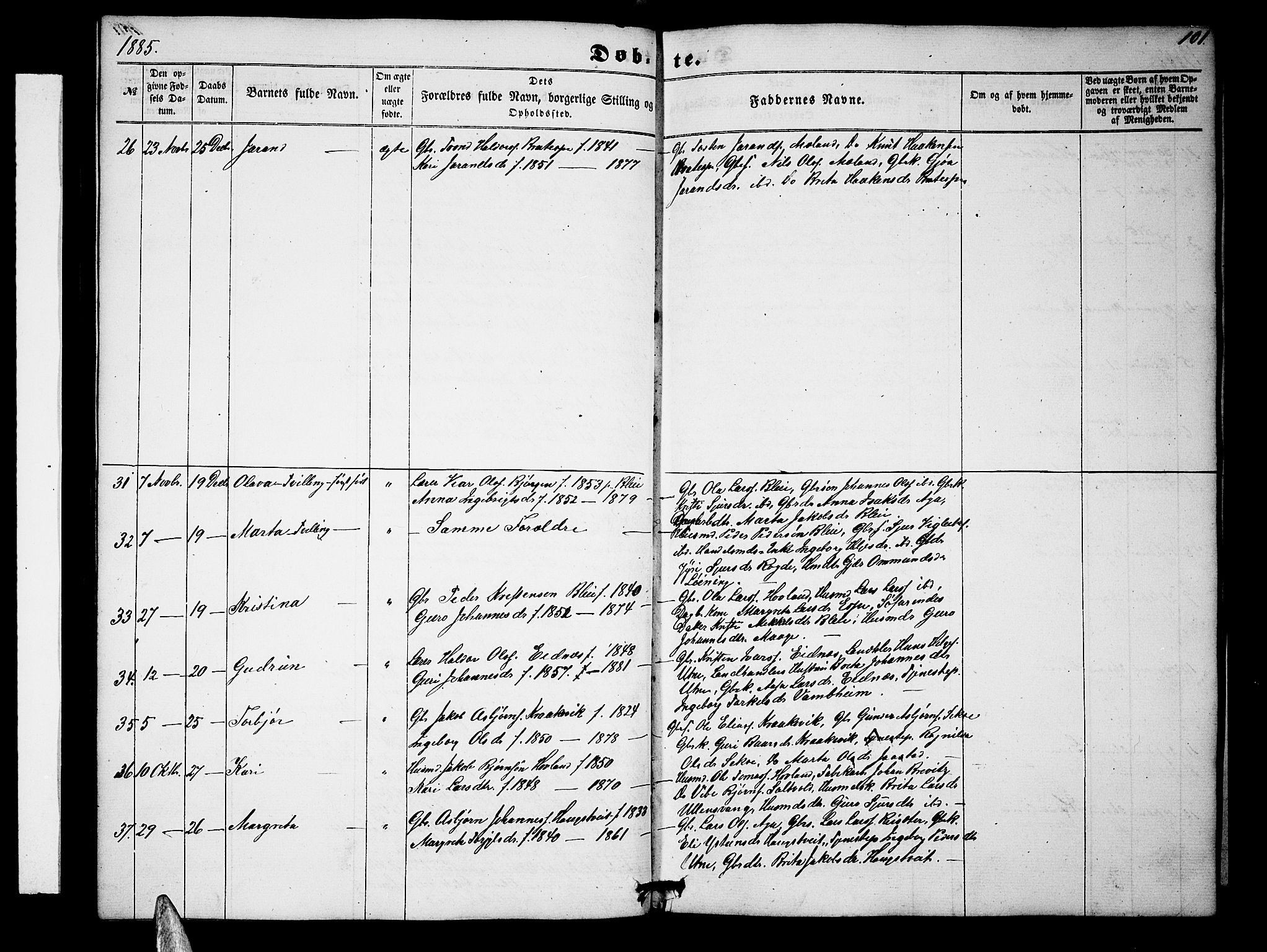 Ullensvang sokneprestembete, SAB/A-78701/H/Hab: Parish register (copy) no. B 10, 1858-1886, p. 101
