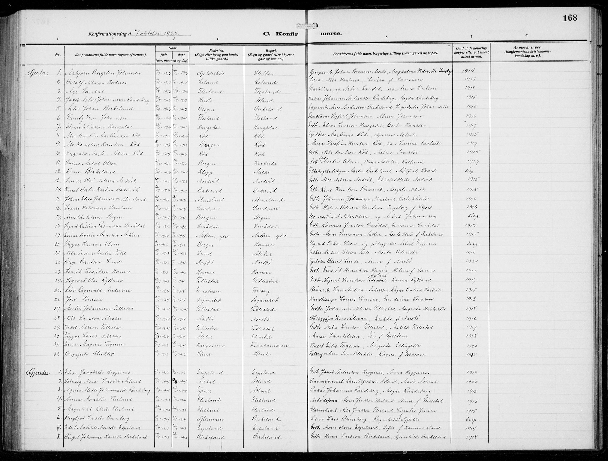 Fana Sokneprestembete, AV/SAB-A-75101/H/Hab/Haba/L0005: Parish register (copy) no. A 5, 1911-1932, p. 168